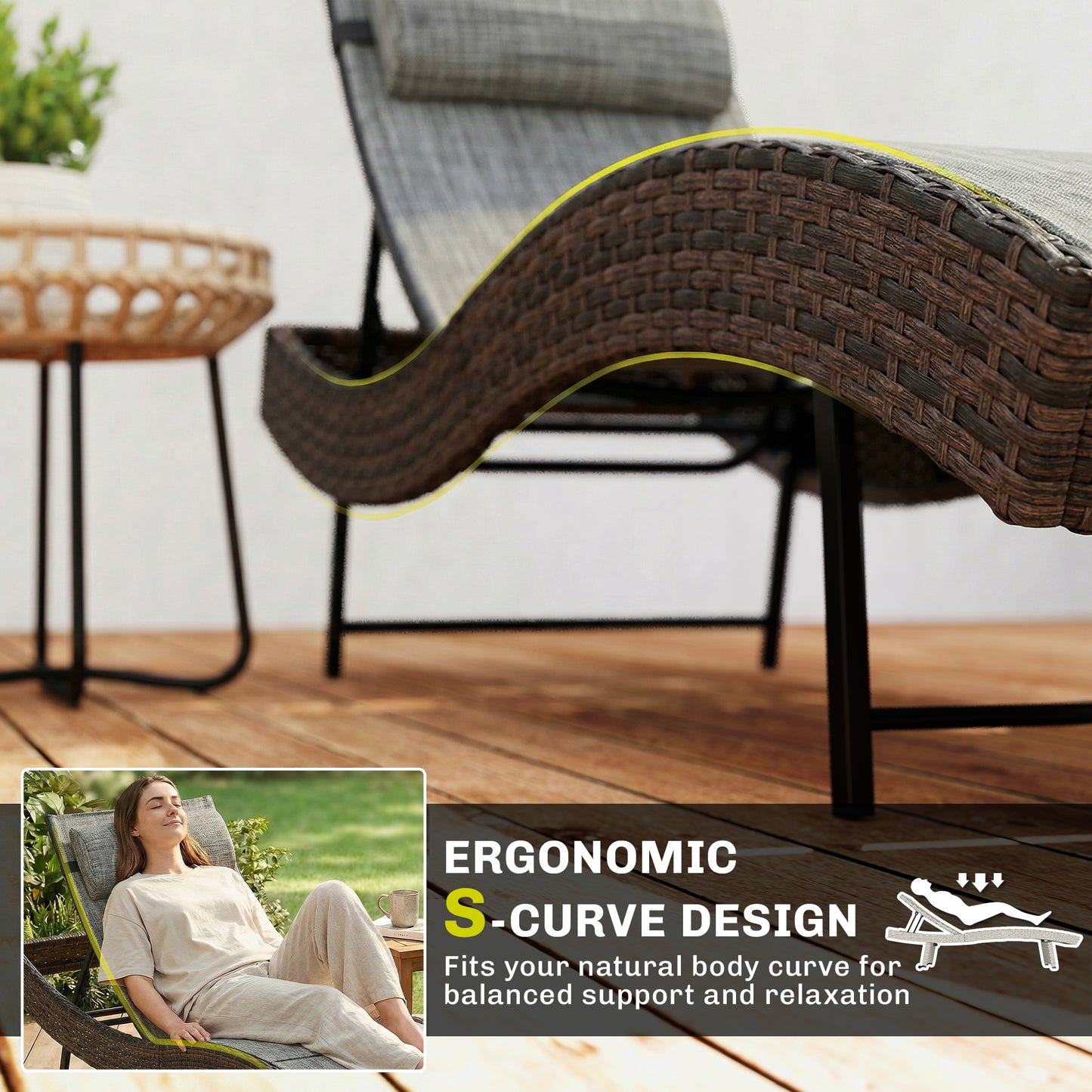Rattan Sun Lounger, Garden Recliner with 5 Position Adjustable Back