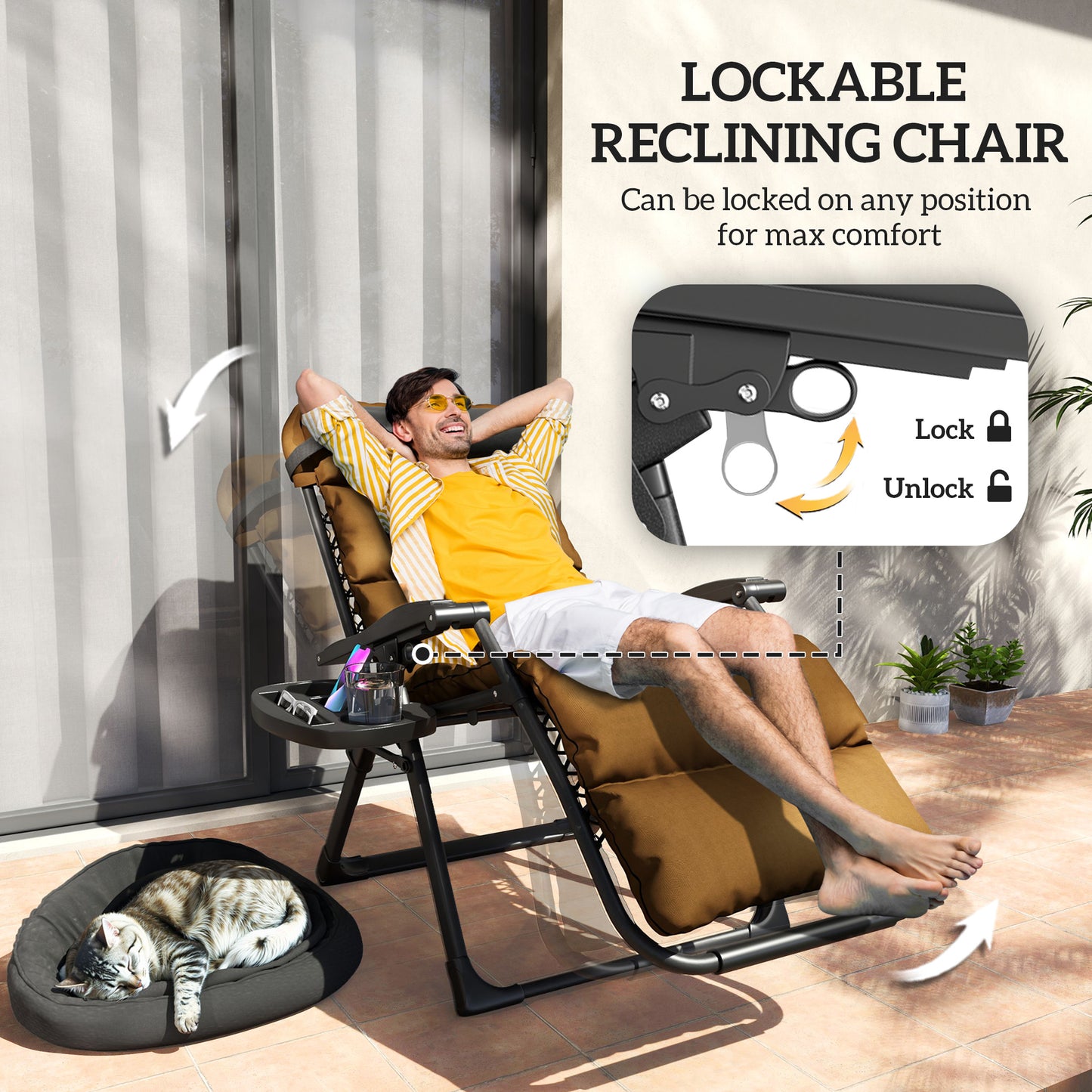 Set of Two Reclining Sun Loungers, with Cushion