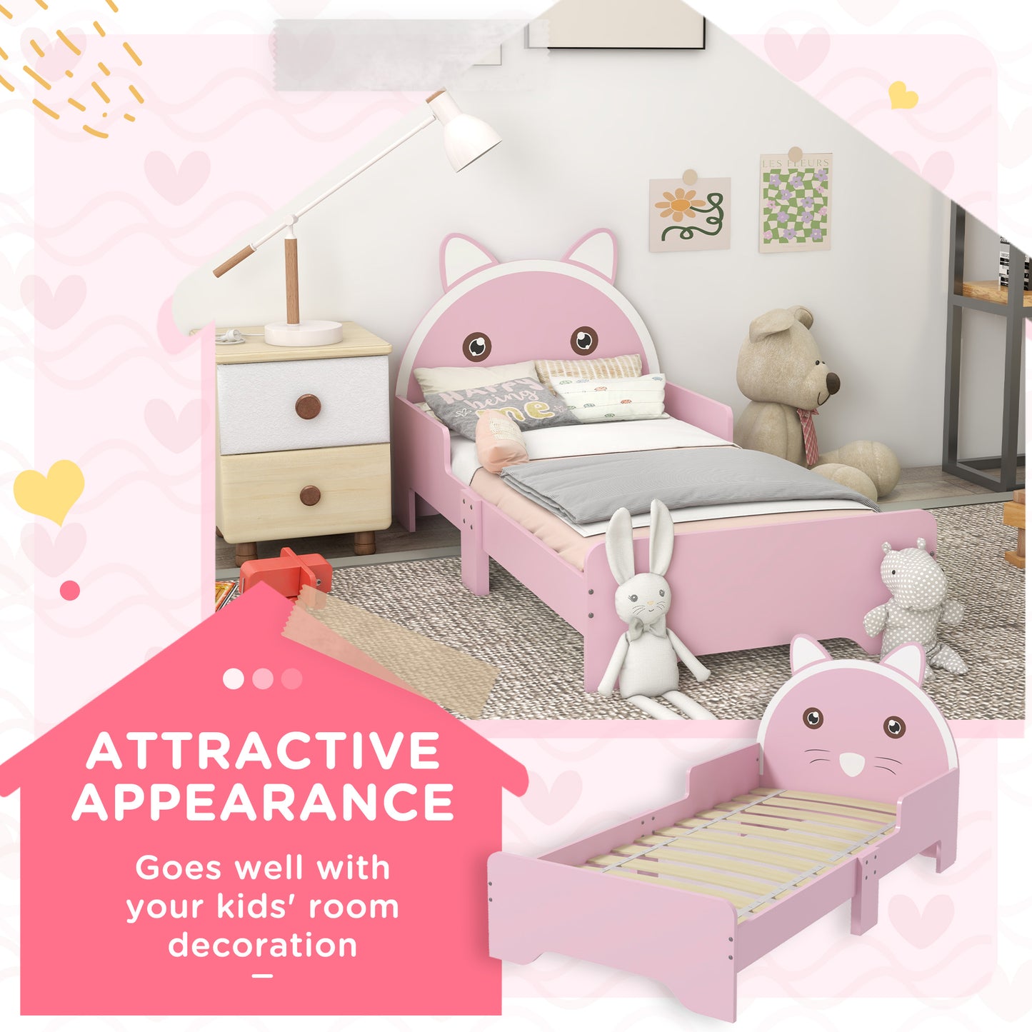 Bed for Kids Cat Design Toddler Bed Frame Bedroom Furniture