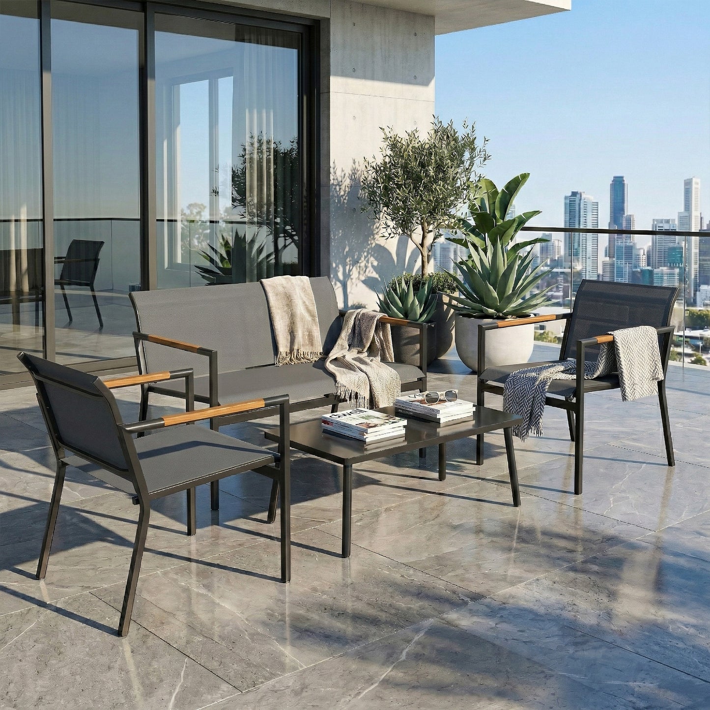 4 Seater Garden Furniture Set with Loveseat, Armchairs, Table