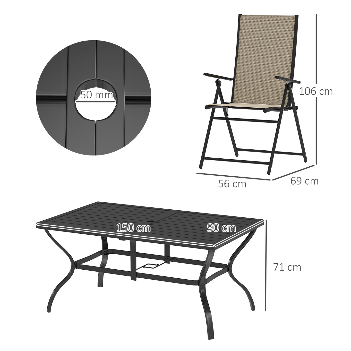 Seven-Piece Steel Outdoor Dining Set, with Parasol Hole