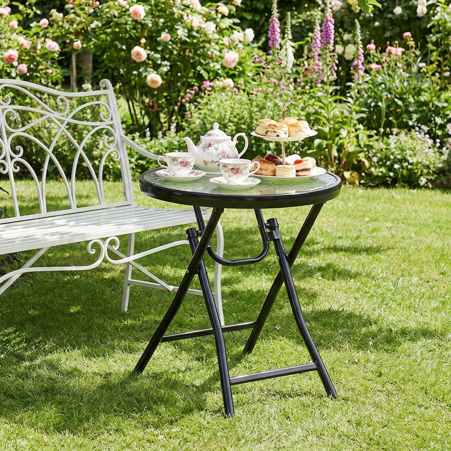 Foldable Garden Table, Round Folding Table with Glass Tabletop