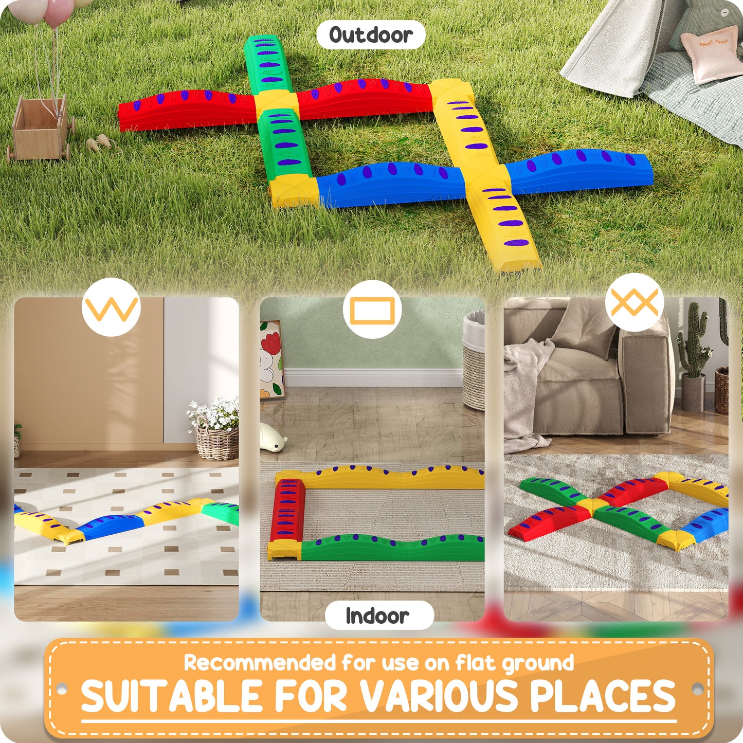 12-Piece Kids Balance Beam Stepping Stones, with Non-Slip Foot Pads