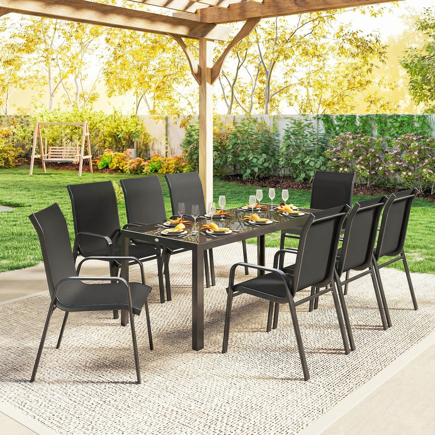 9 Pieces Garden Dining Set, Outdoor Table and Chairs Set for 8
