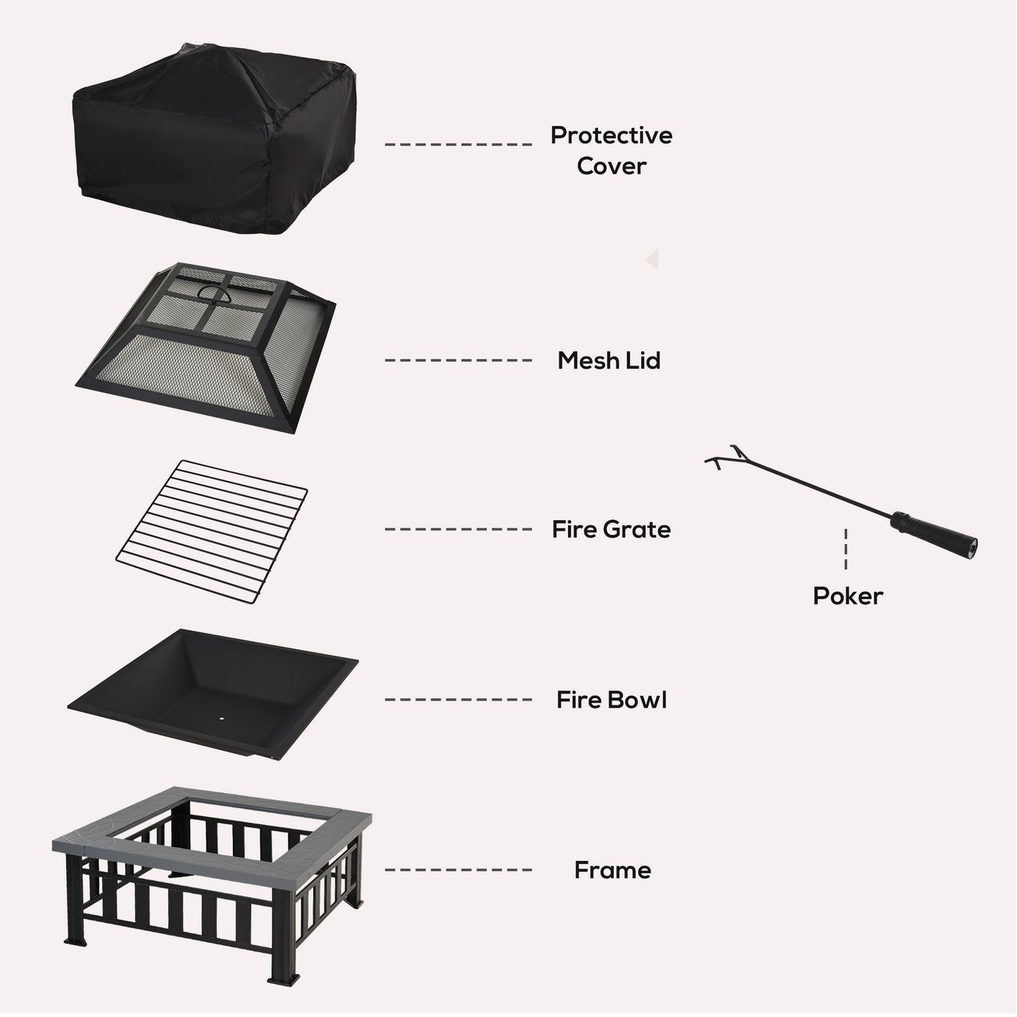 Metal Large Firepit Outdoor Square Fire Pit Brazier with Rain Cover