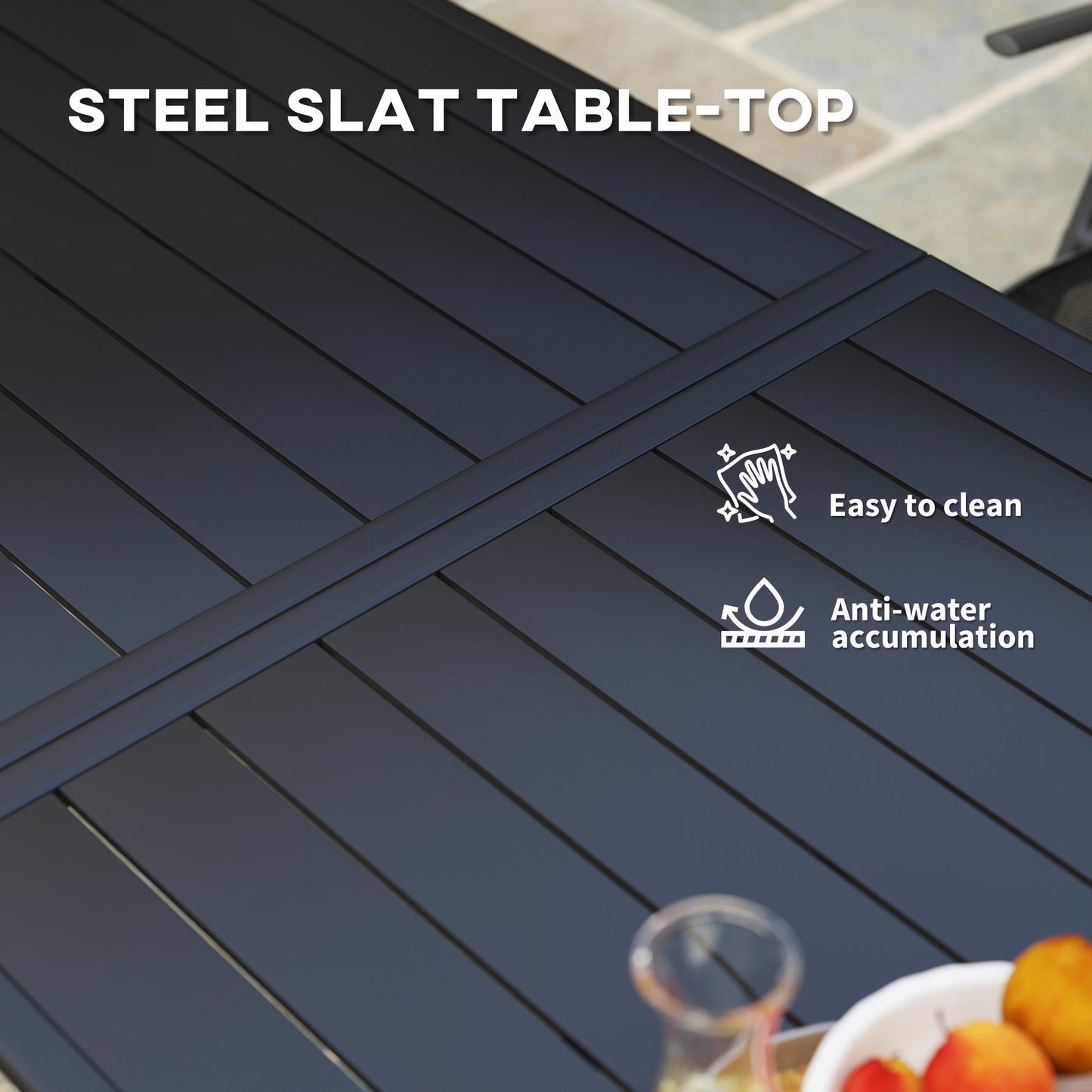Rectangle Garden Table with Slat Top, Steel Frame