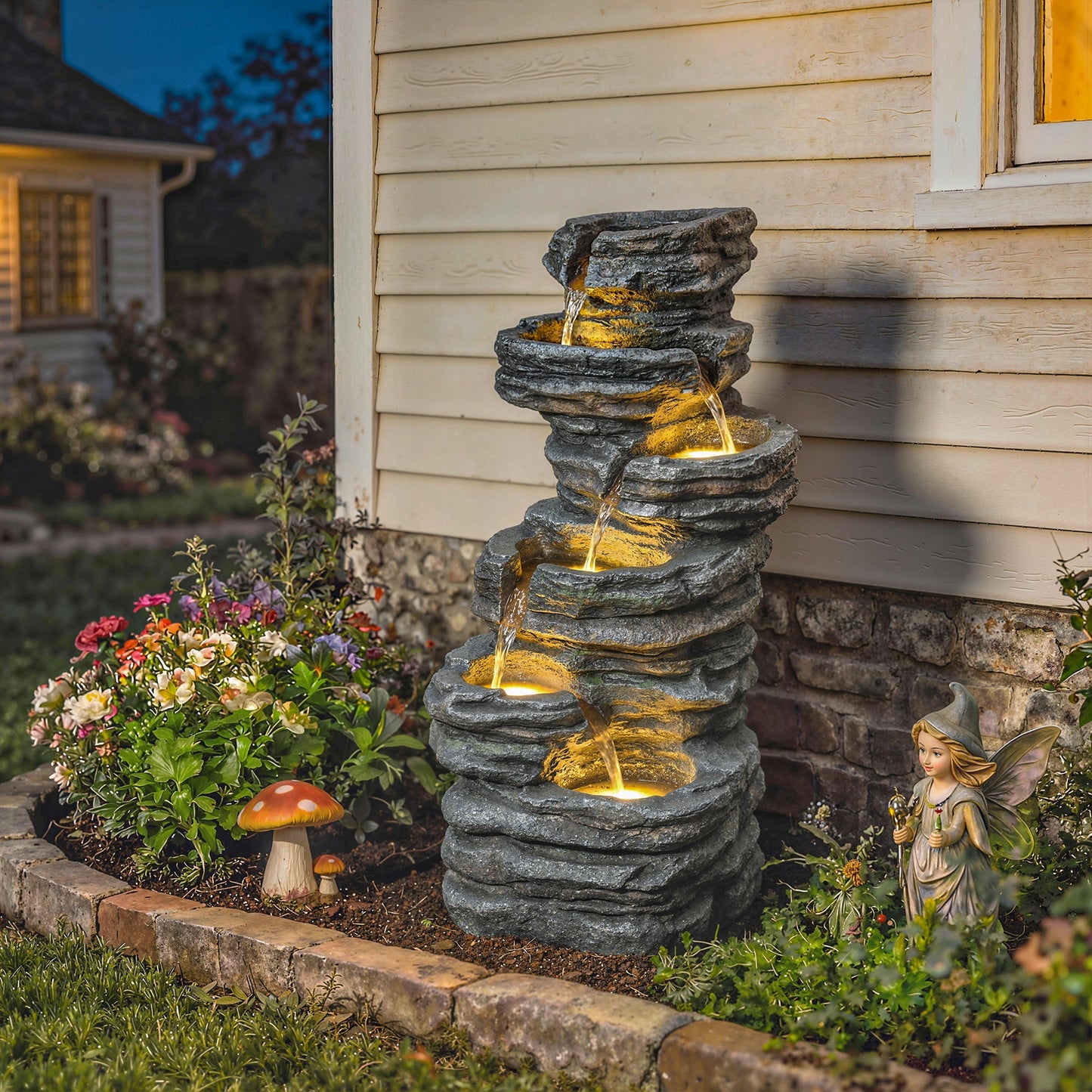 Outdoor Fountain, 6-Tier Cascading Waterfall Feature with LED Lights