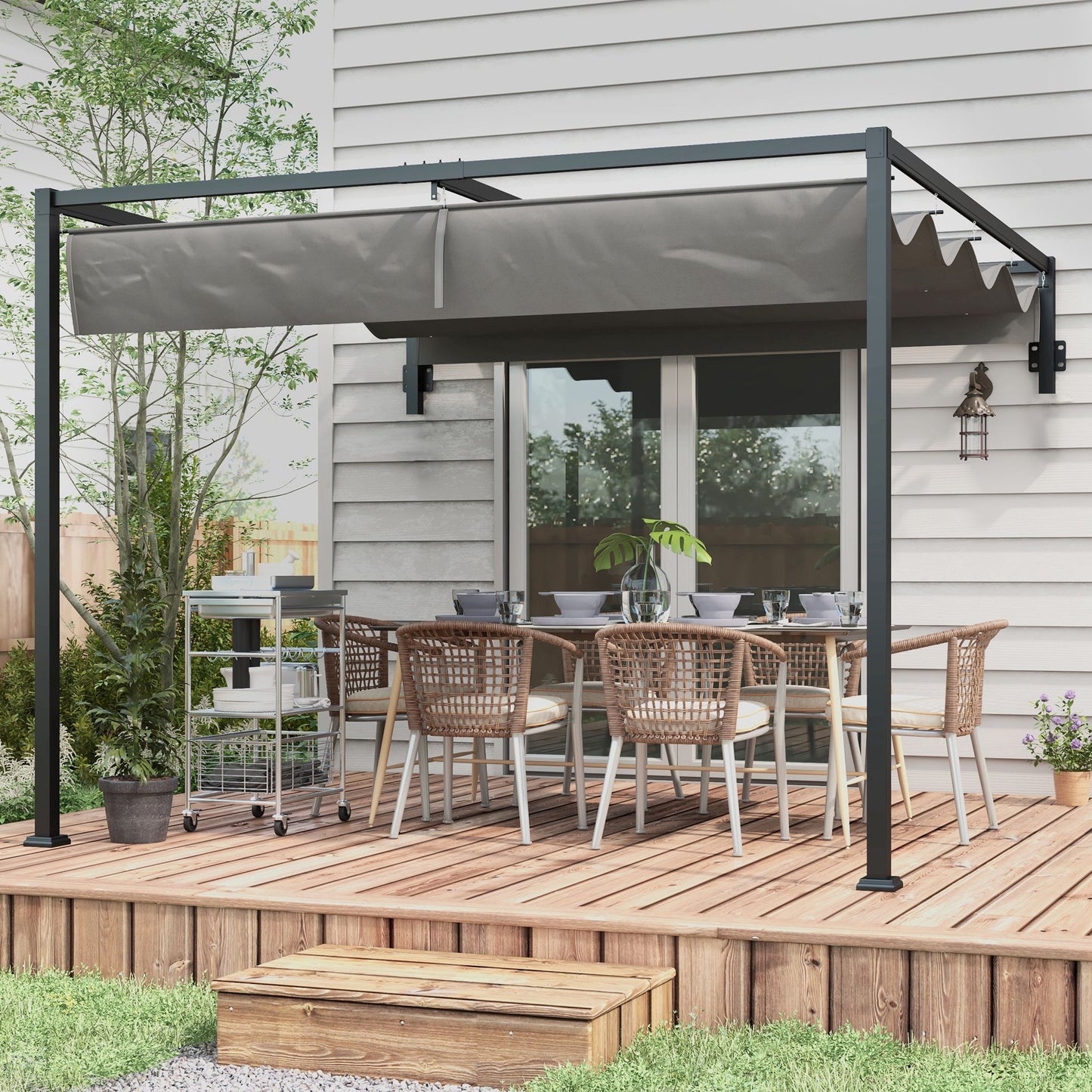 3 x 4m Lean To Steel Pergola with Moving Fabric Canopy