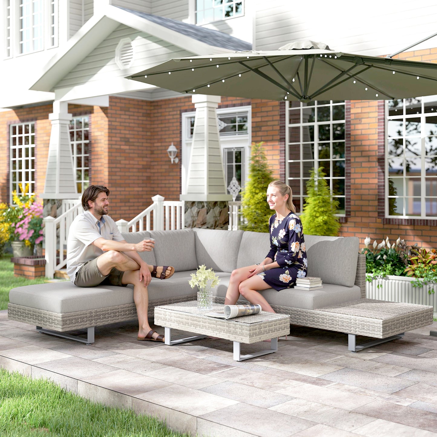 Three-Piece Corner Rattan Set, with Glass Tables