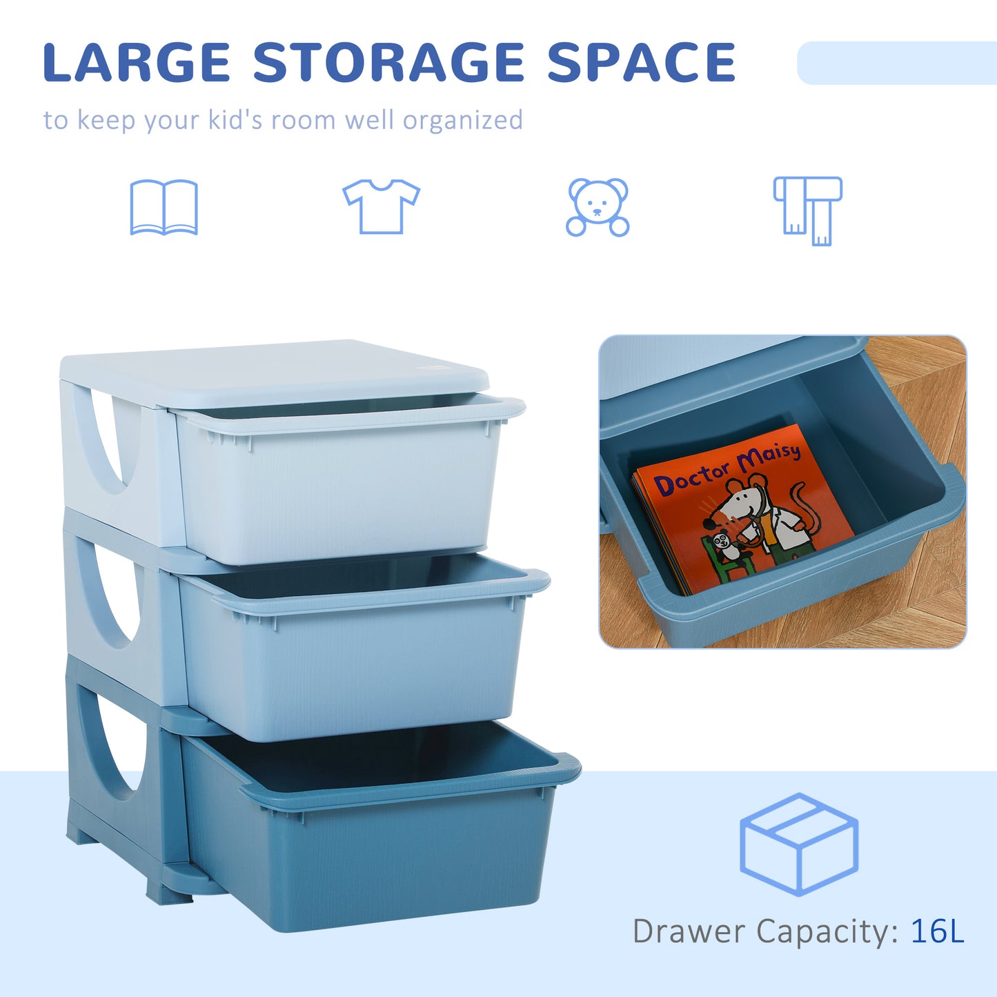 3 Drawers Plastic Storage Units, 3 Tier Kids Storage Units