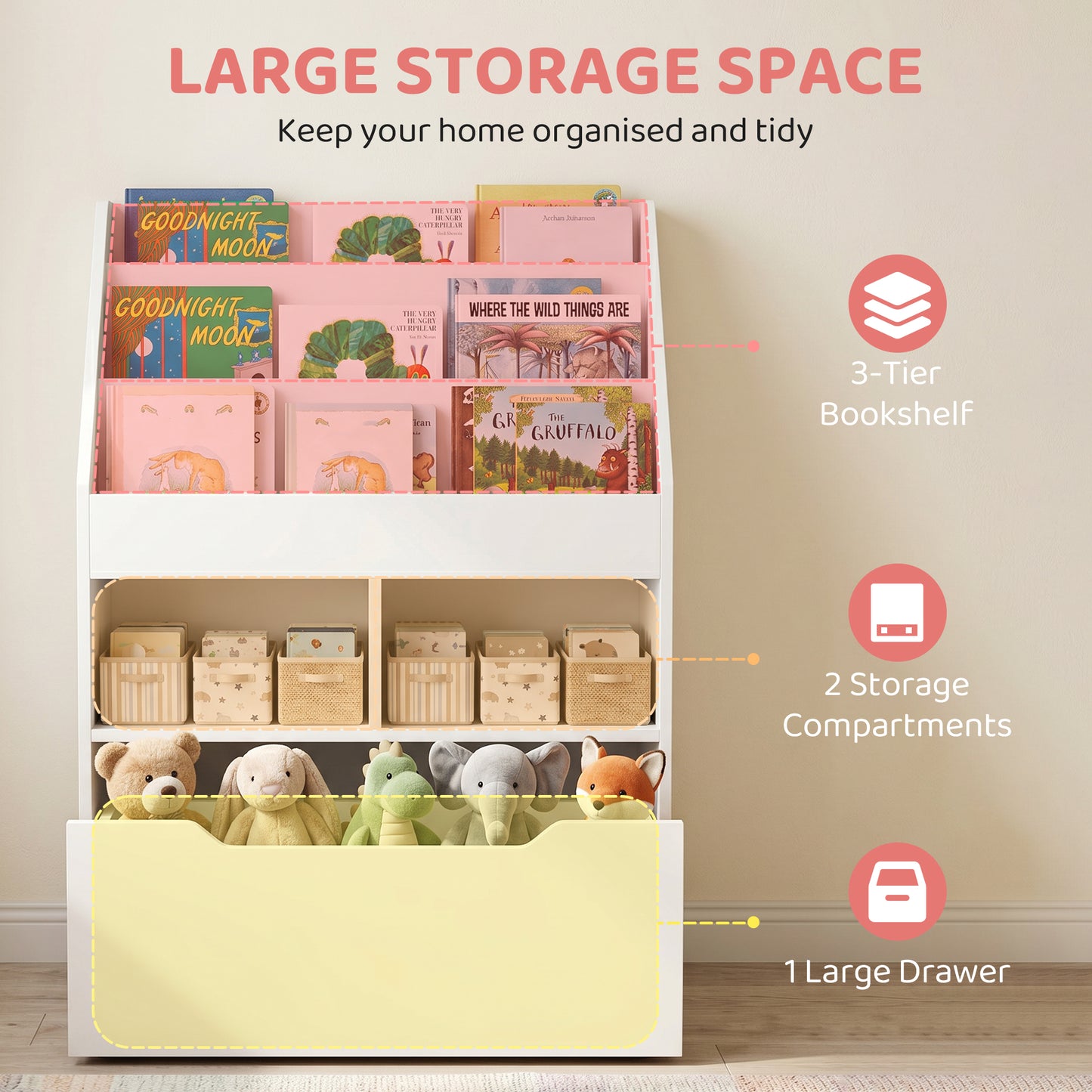 Kids Bookshelf, Toy Organiser, with Storage Drawer, Wheels