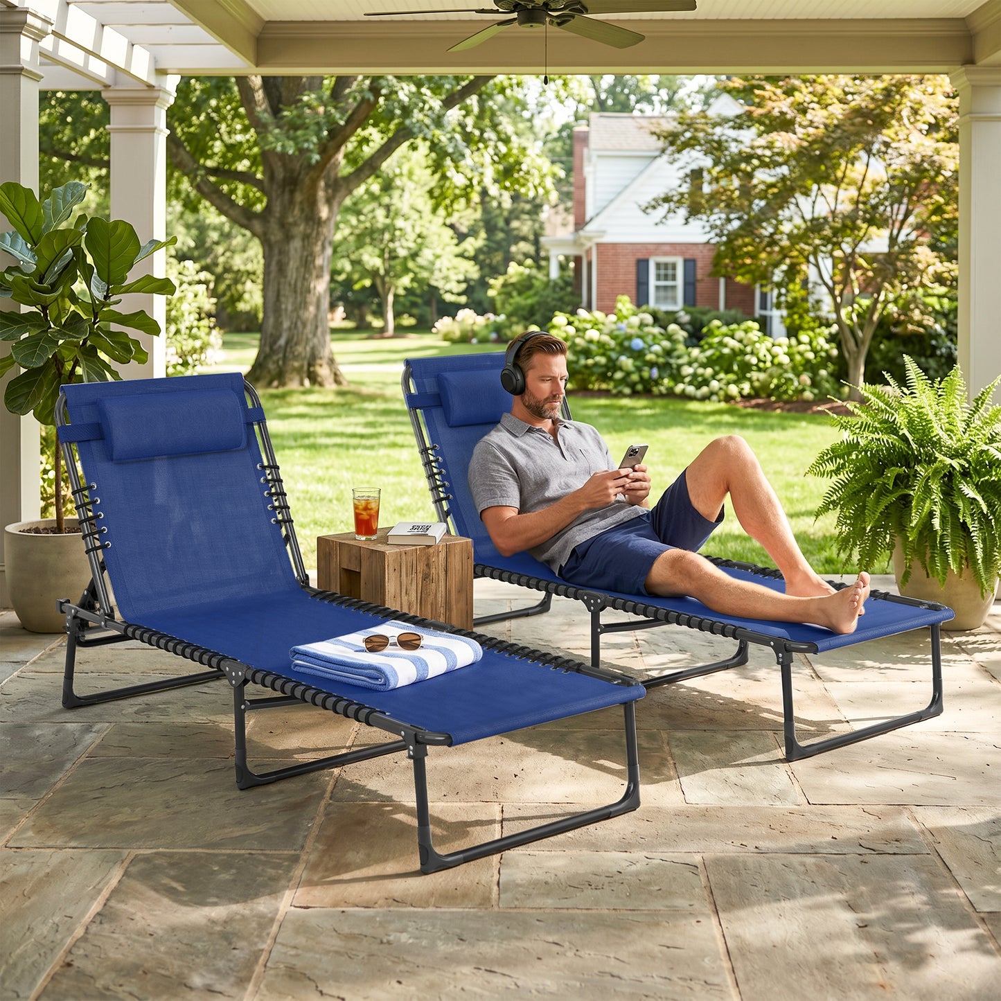 Set of Two Folding Sun Loungers, with Four-Position Backs