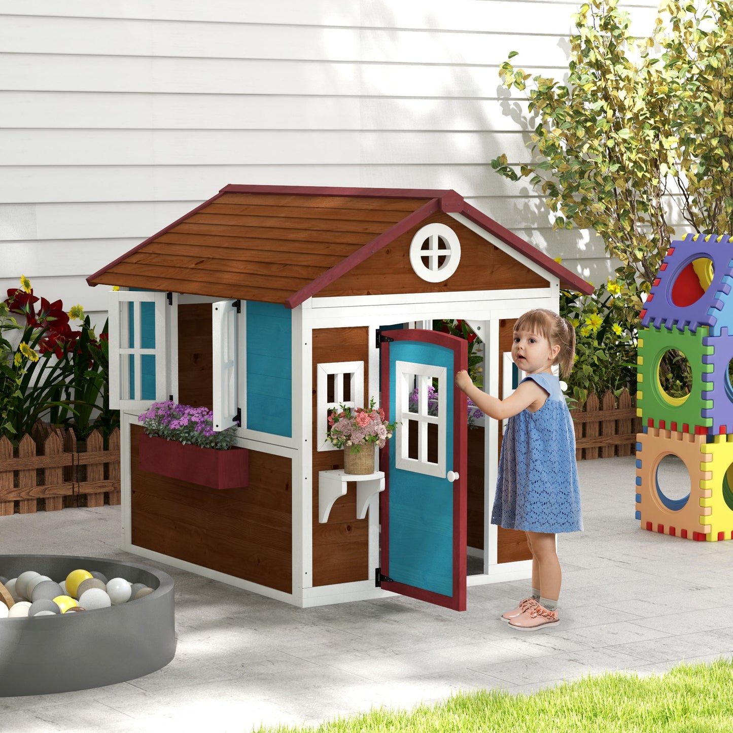 Wooden Playhouse with Doors, Windows, Plant Pots, Boxes, for 3-8 Years