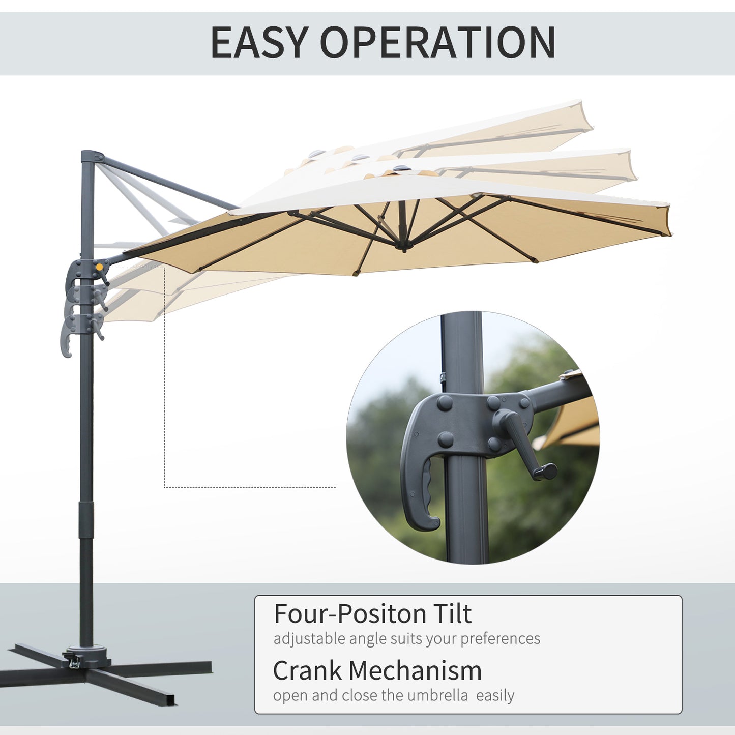Round Umbrella Parasol W/ Tilt 360° Rotation and Hand Crank Cross Base