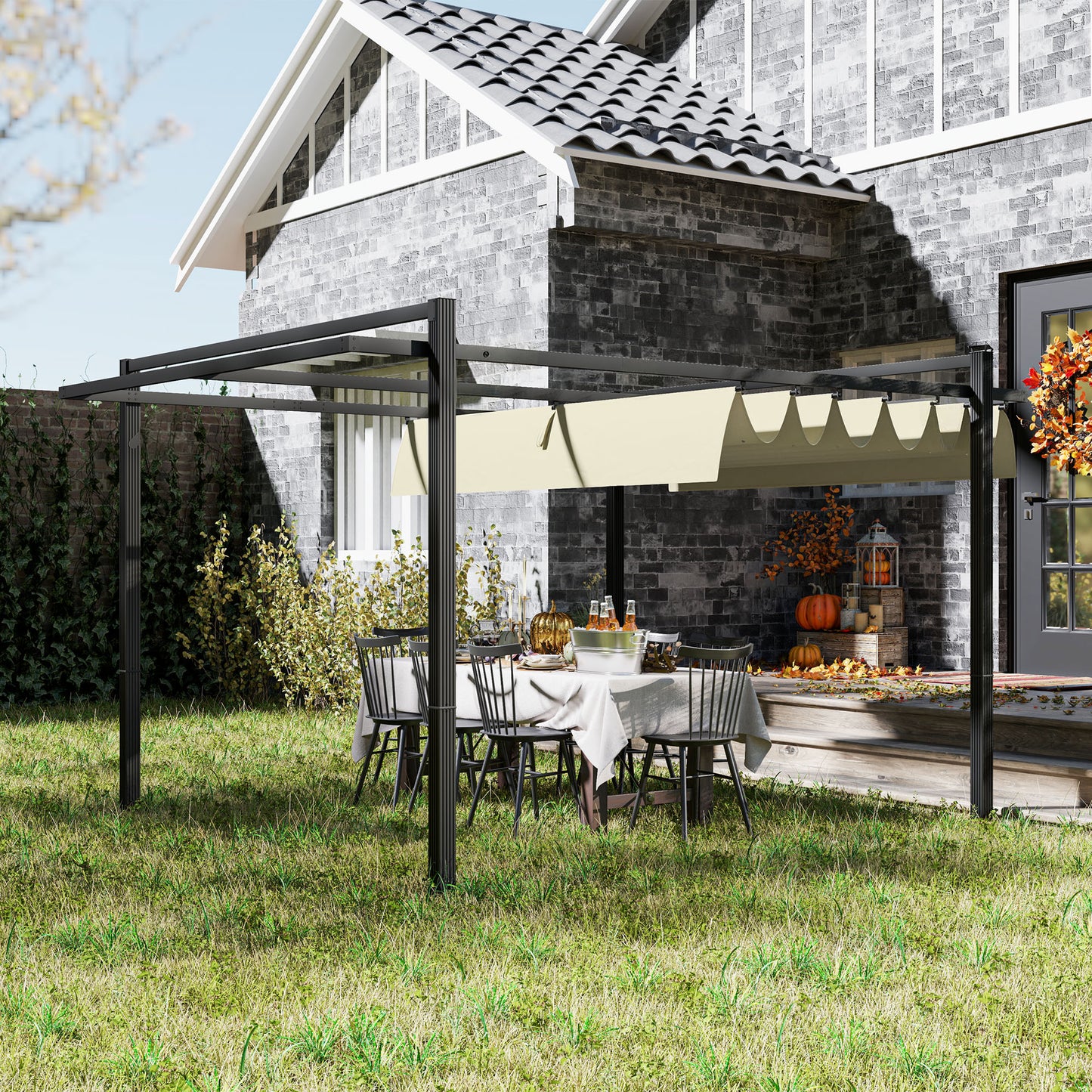 3 x 4m Aluminium Pergola, with Retractable Roof - Grey/Khaki