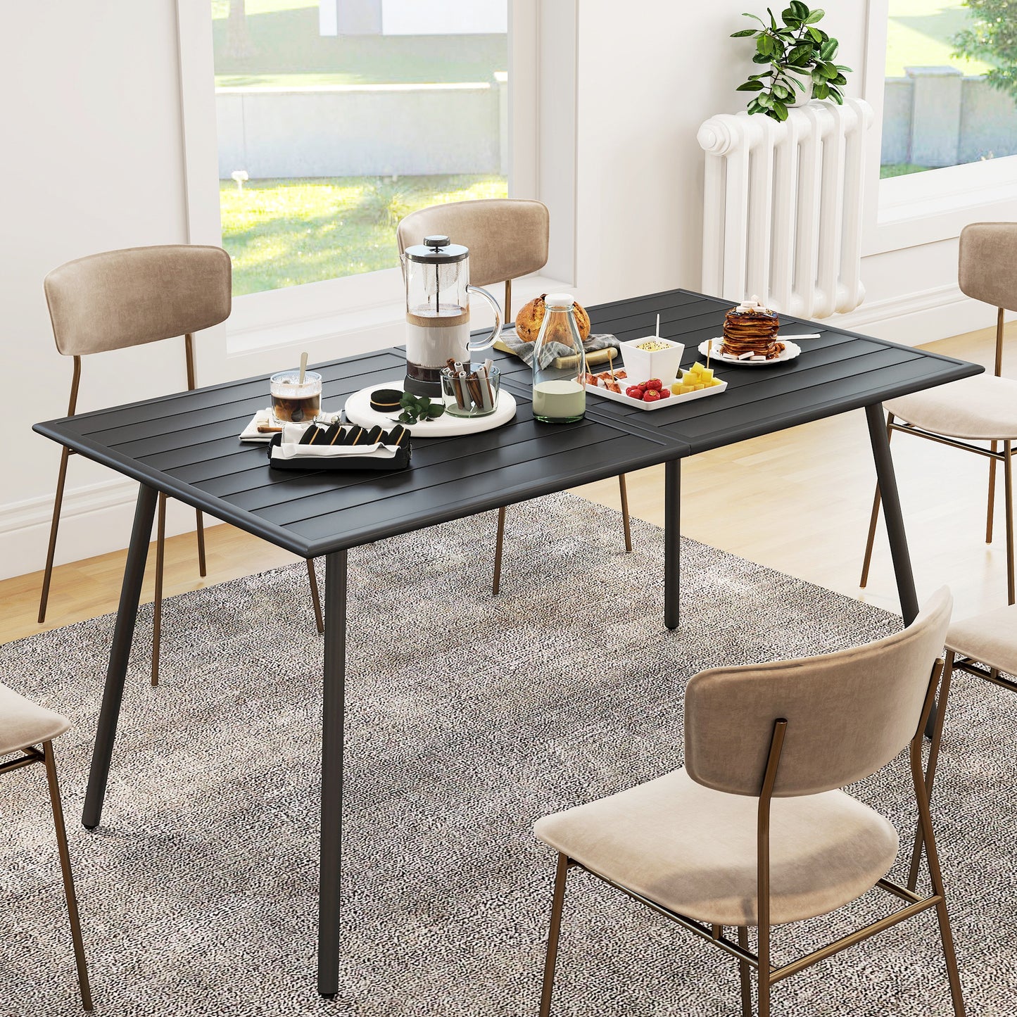 Rectangle Garden Table with Slat Top, Steel Frame