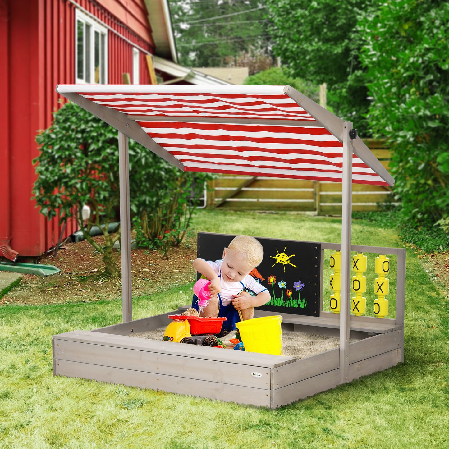 Kids Wooden Sandpit, sandbox with canopy & Seats, for Gardens