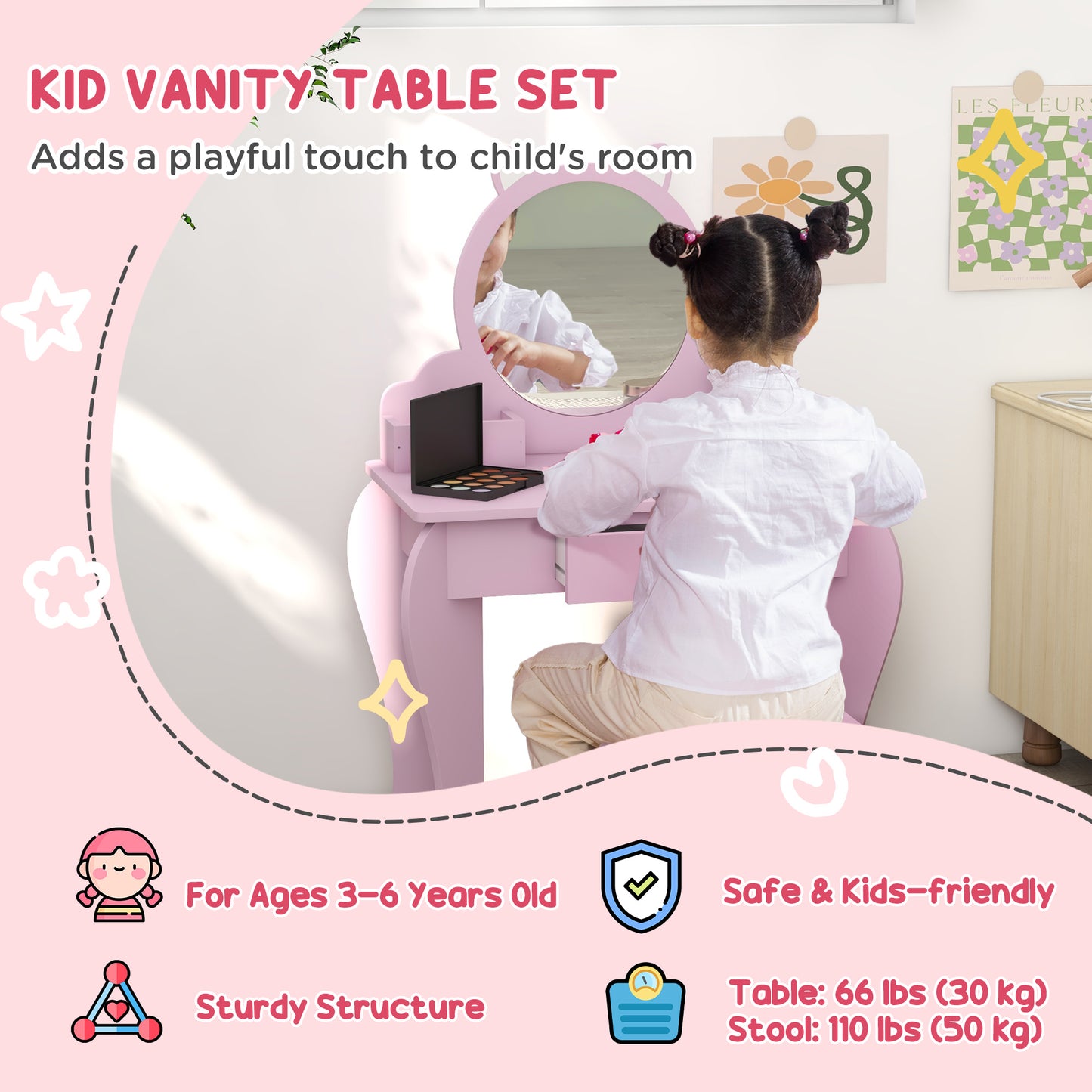 Wooden Kids Bedroom Furniture Set with Kids Dressing Table, Stool (1)
