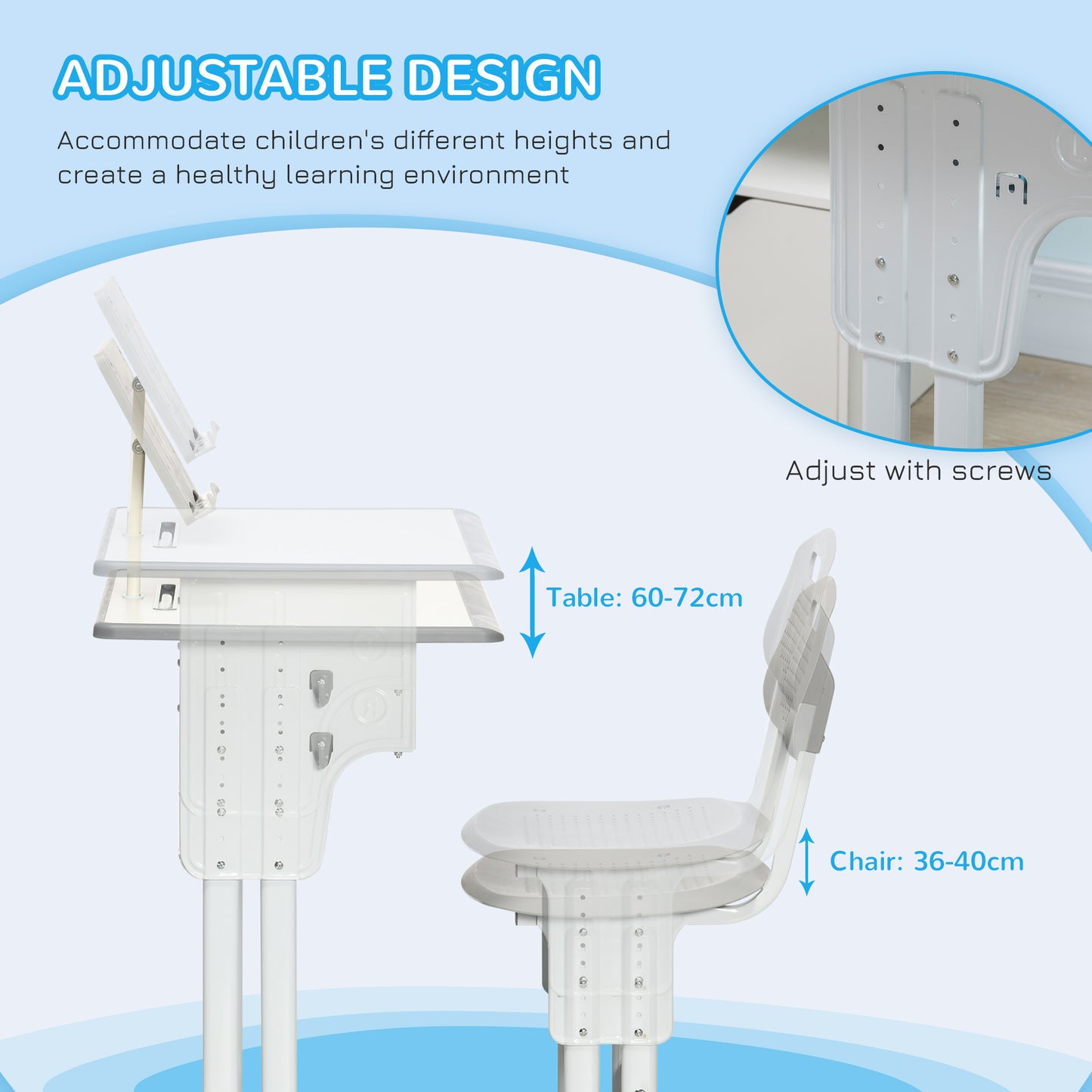 Kids Adjustable Desk and Chair Set, Book Stand, Pen Slot