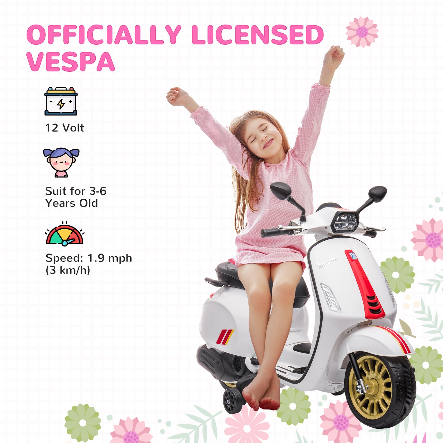 12V Vespa Licensed Kids Electric Motorbike w/ Music, Lights