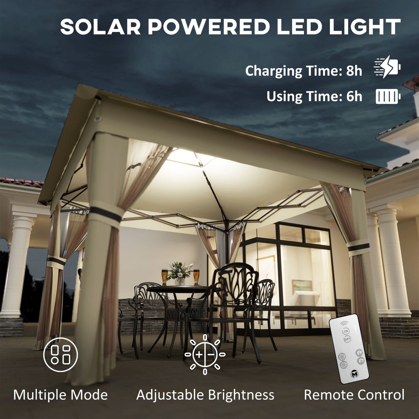 3.36 x 3.36m Pop Up Gazebo Party Tent with Solar-Powered LED Lights