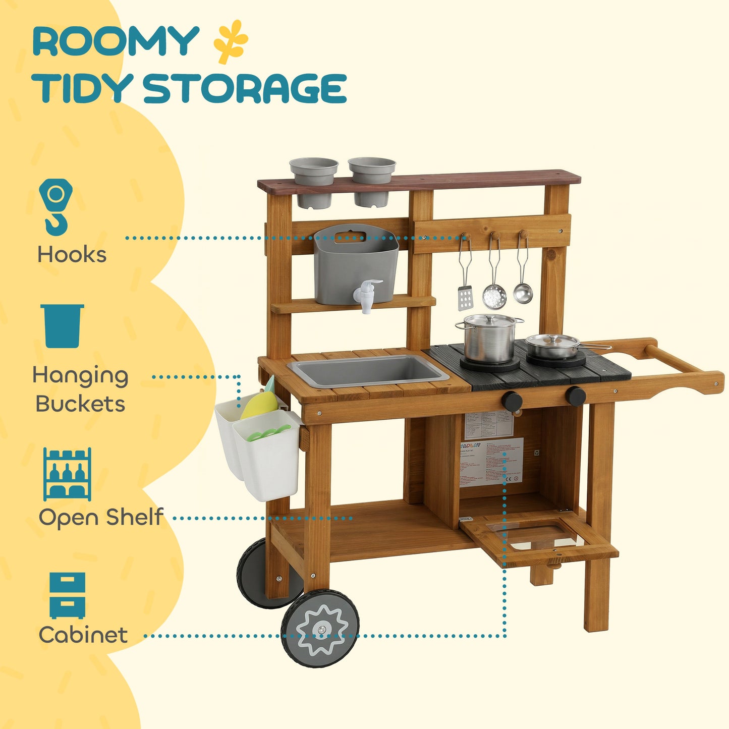 Wooden Mud Kitchen with Wheels, Stove, Faucet, Flower Pots