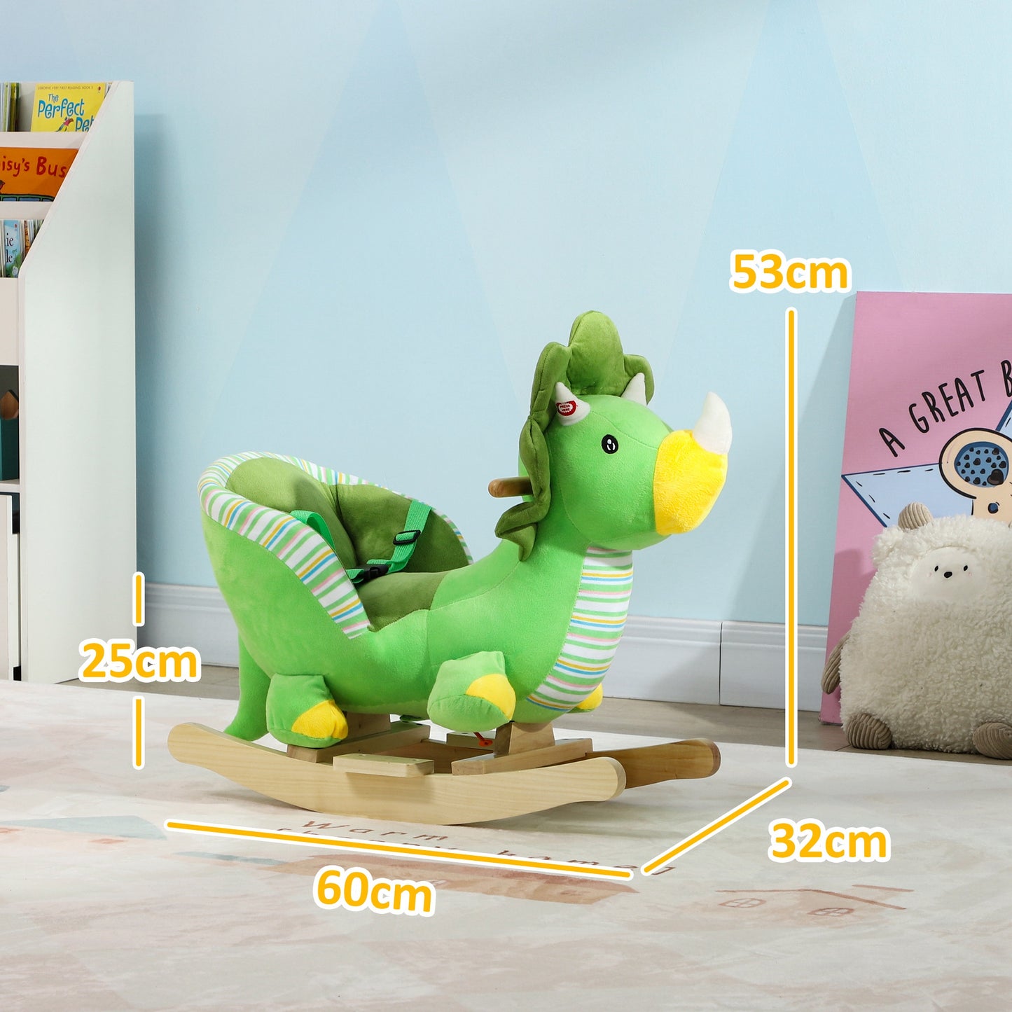 Baby Rocking Dinosaur with Animal Sounds, Safety Belt, Wooden Base