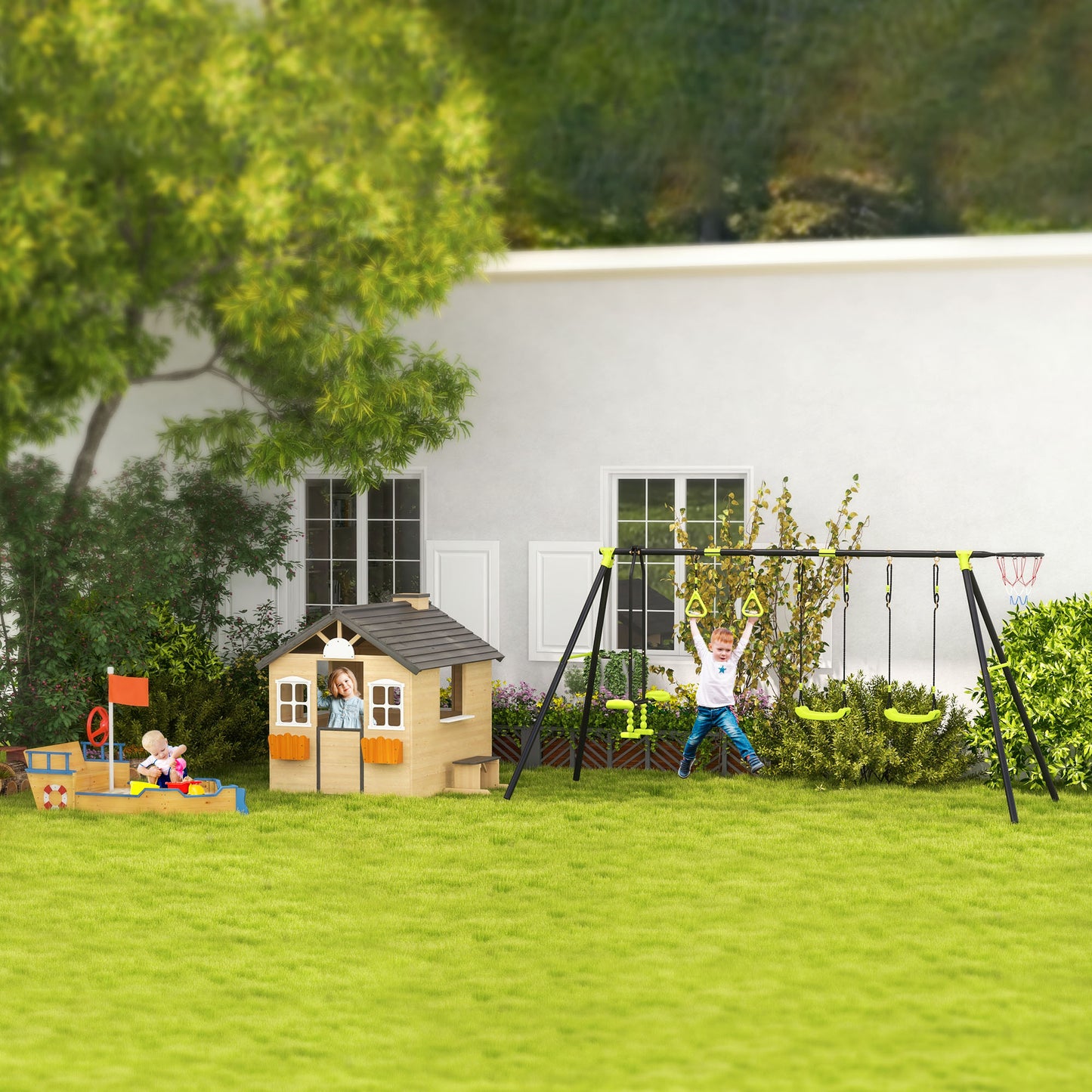 Wooden Playhouse for Kids Outdoor Wendy House with Door, windows