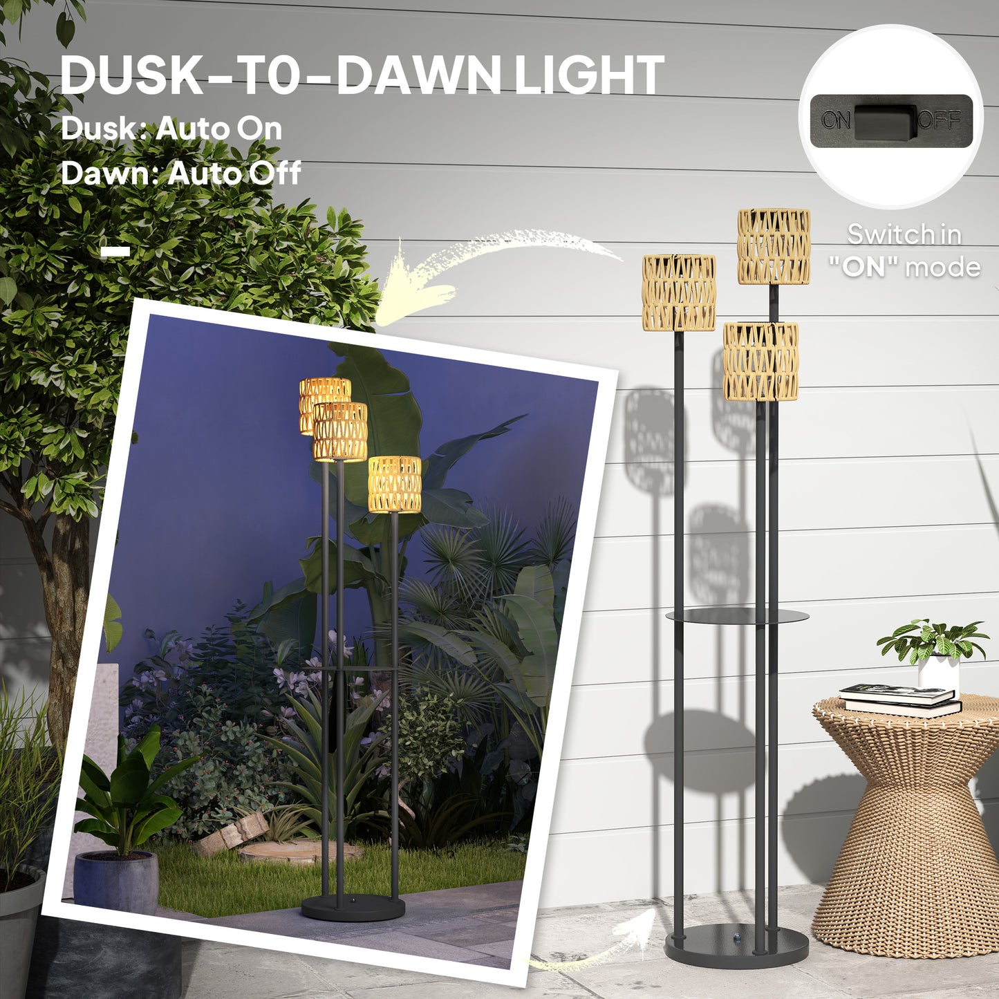Boho Rattan Floor Lamp, 3-Lights Rattan Lamp with Shelf
