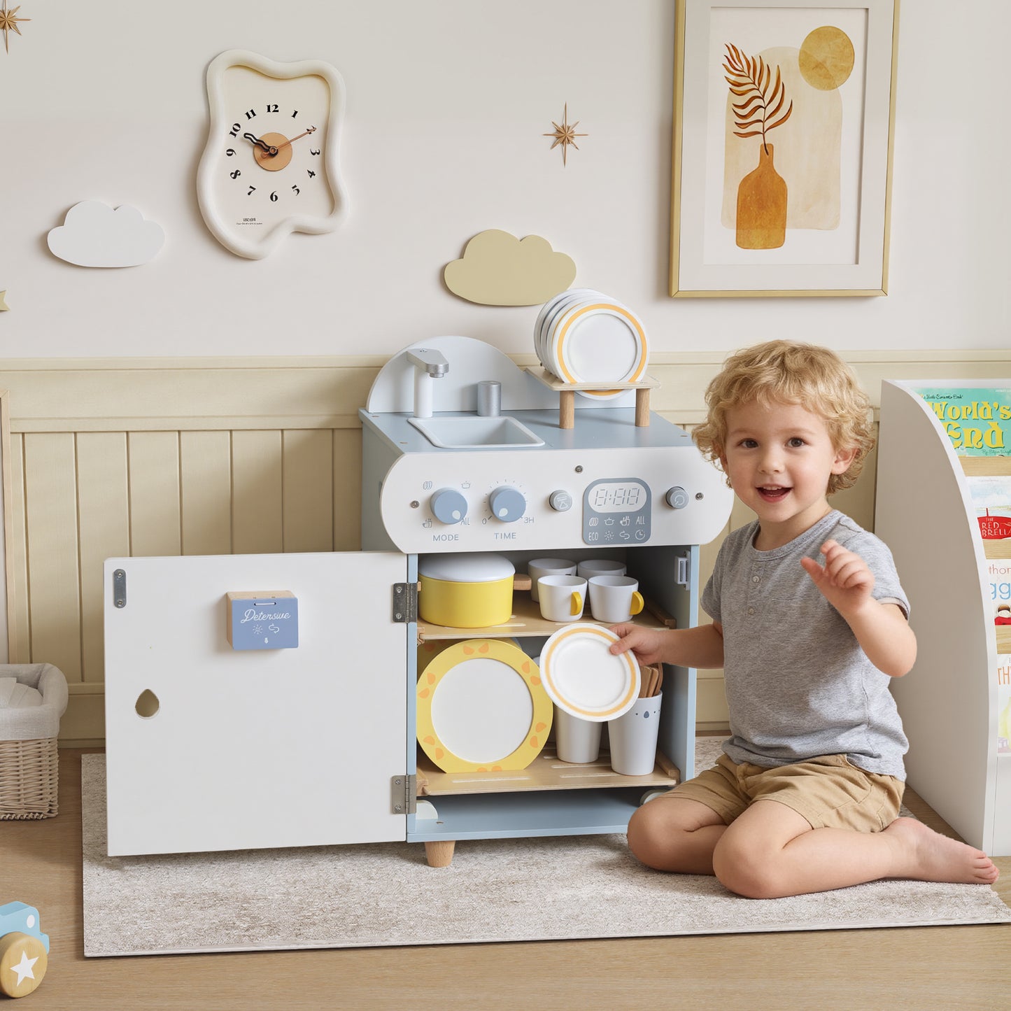 Wooden Dishwasher Playset, Kitchen Sink Toys with Faucet
