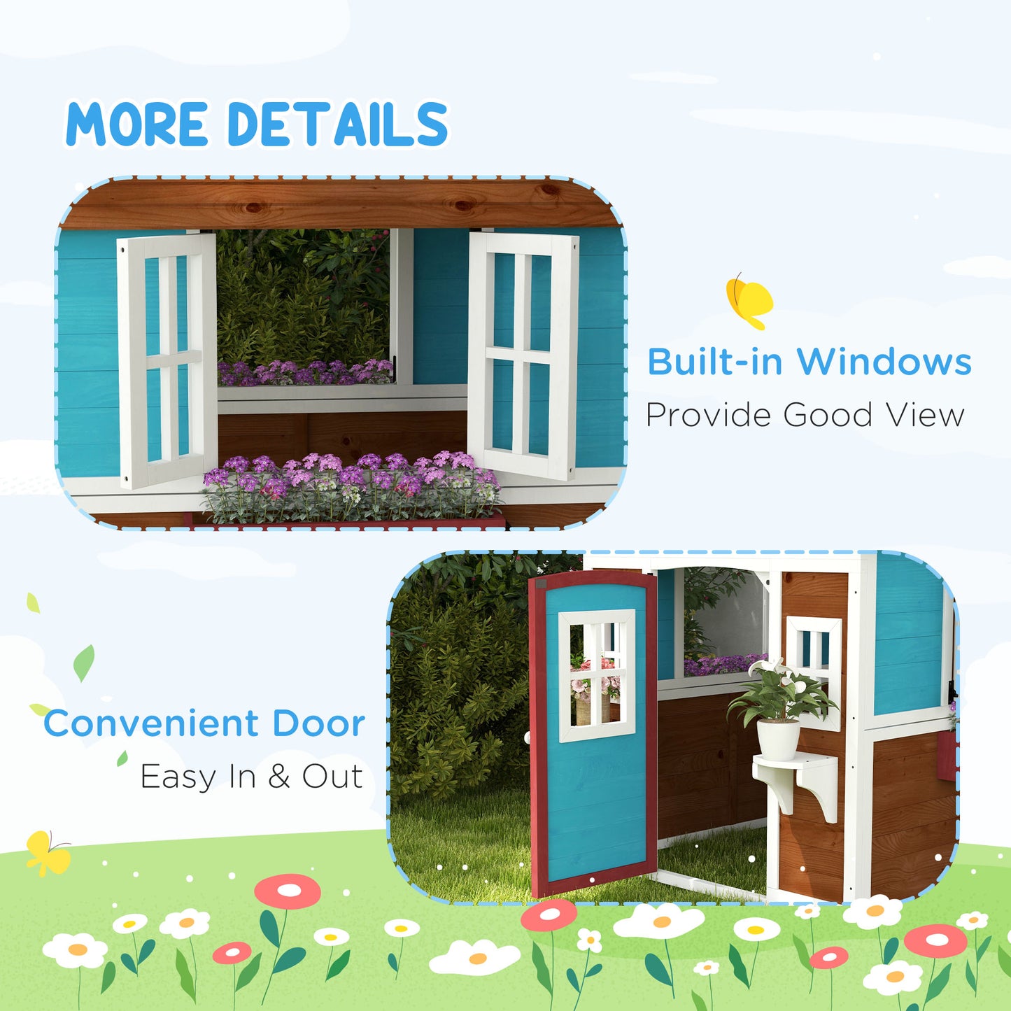 Wooden Playhouse with Doors, Windows, Plant Pots, Boxes, for 3-8 Years