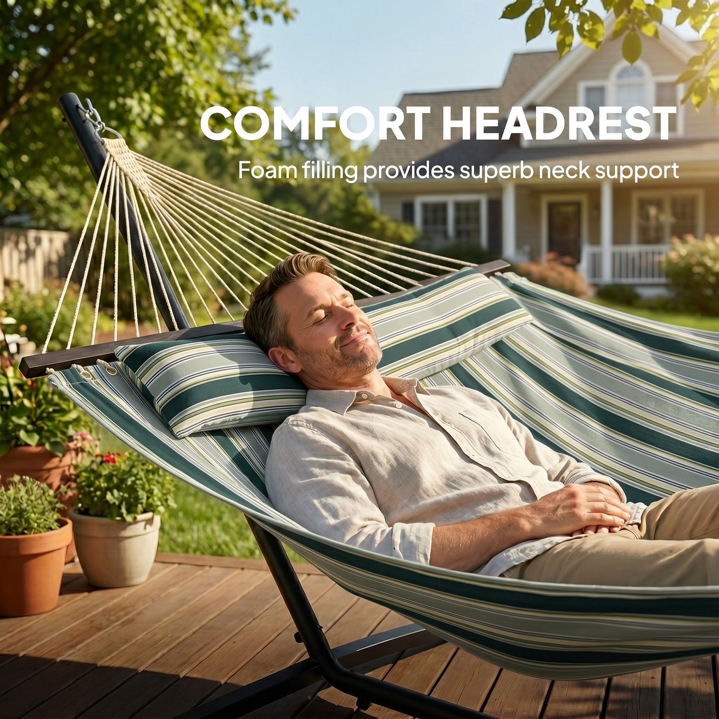 Outdoor Hammock with Stand Detachable Pillow Striped Swing Steel