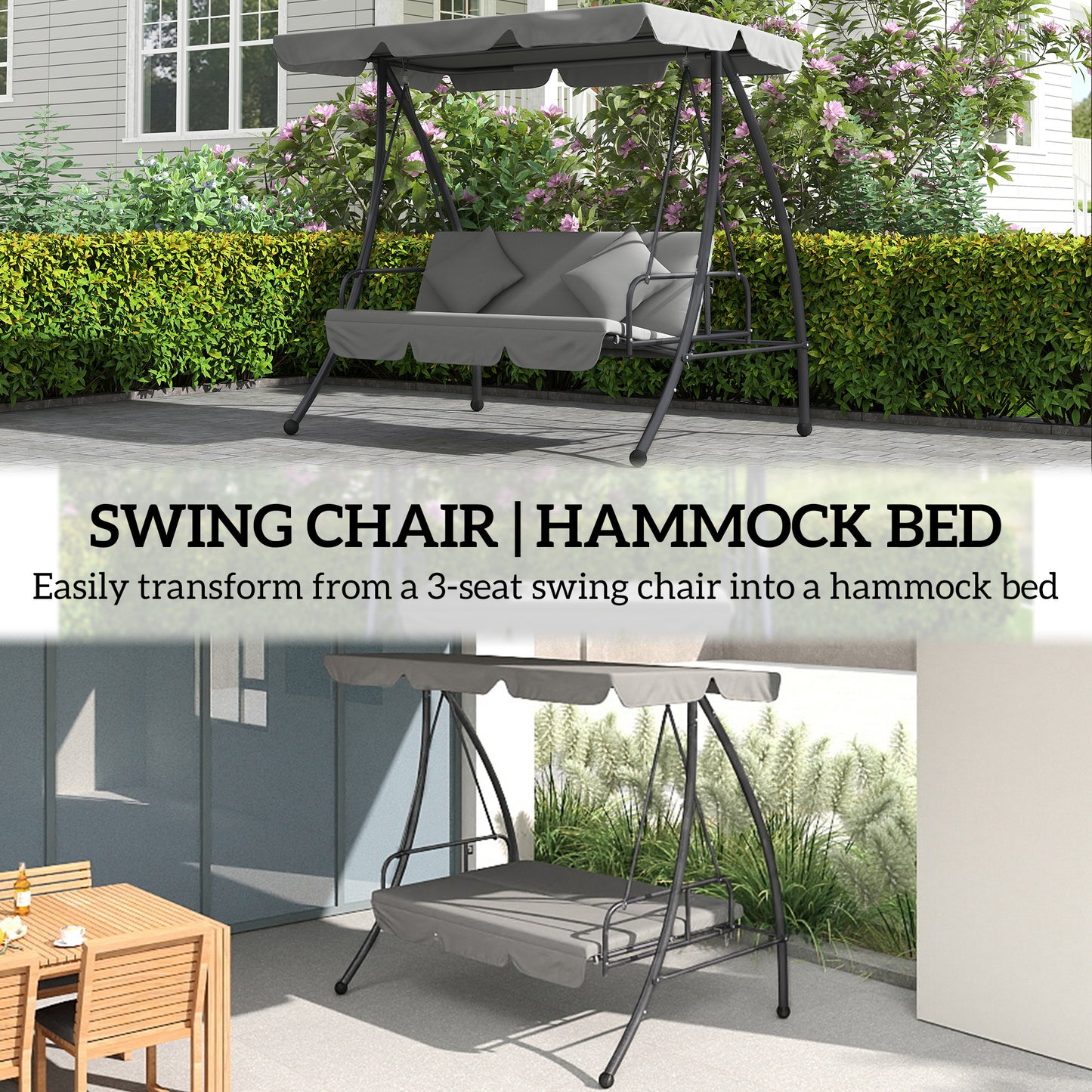 Outdoor 2-in-1 Swing Chair Lounger 3 Seater Garden Swing Seat Bed