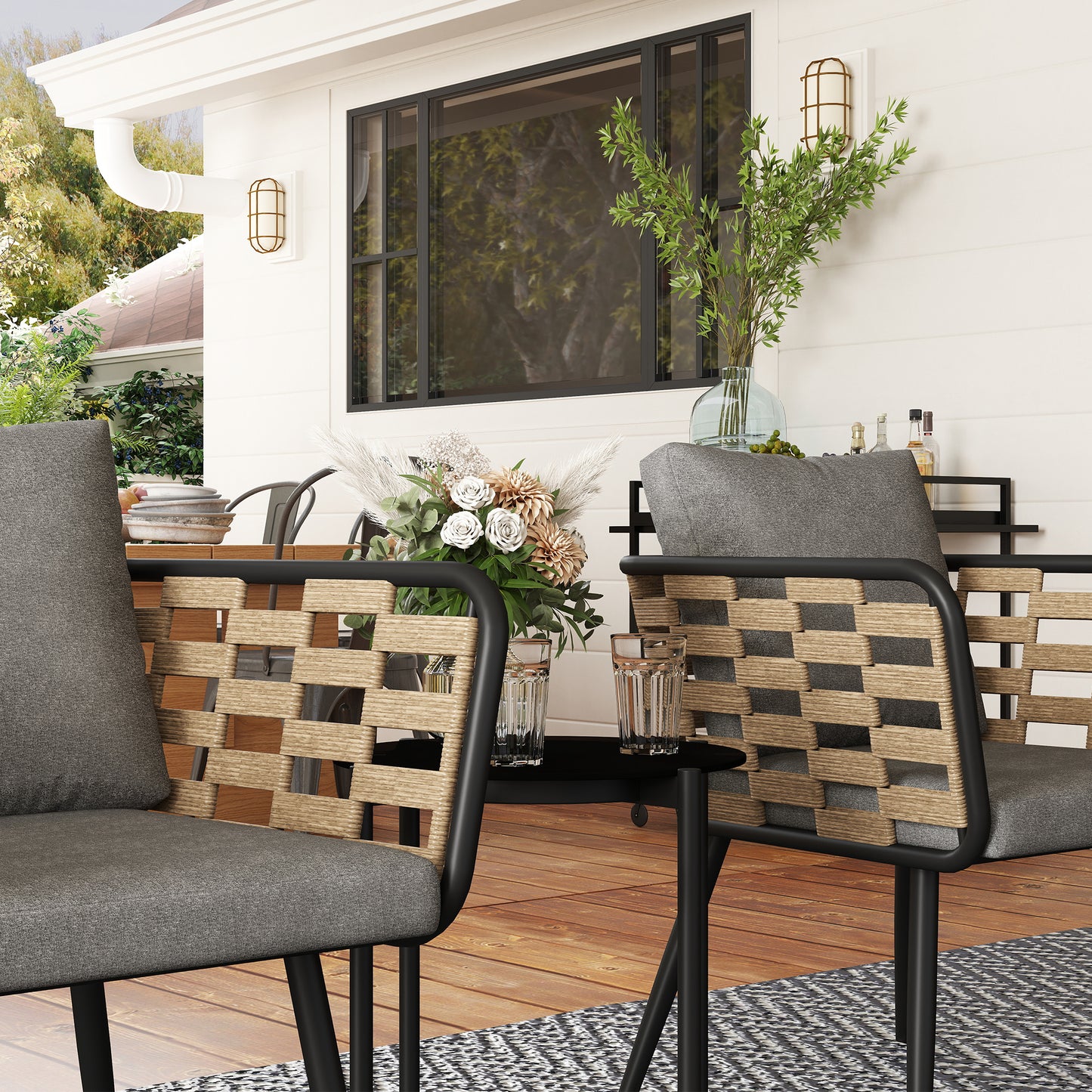 3 Pieces Rattan Bistro Set with Washable Seat and Back Cushions