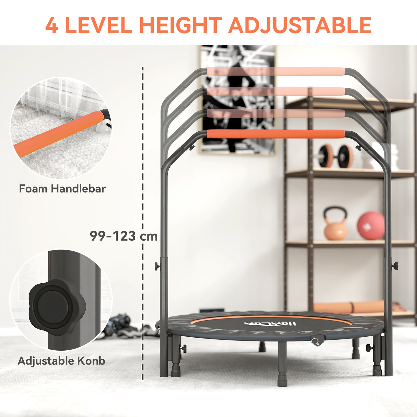 48" Foldable Mini Fitness Trampoline, with Adjustable Foam Handle