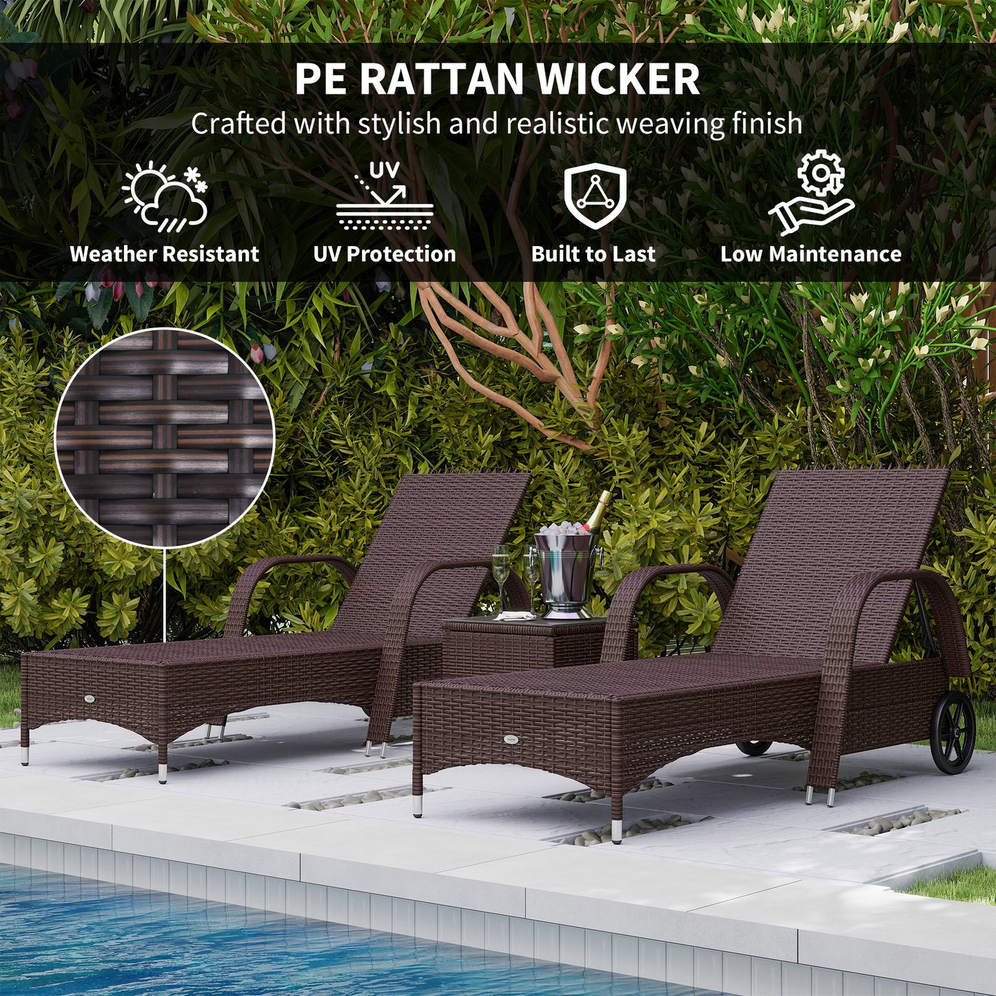 Rattan Sun Loungers for Garden Set of 2 with Side Table