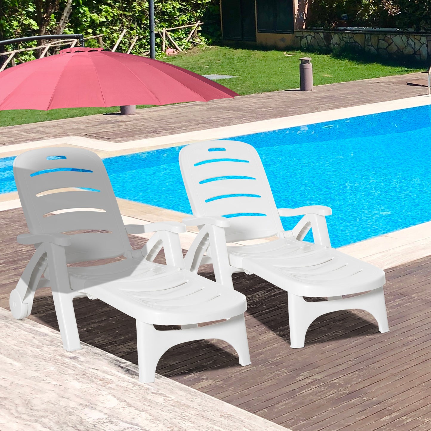 2PCs Outdoor Folding Sun Lounger Recliner on Wheels w/ 5-Position