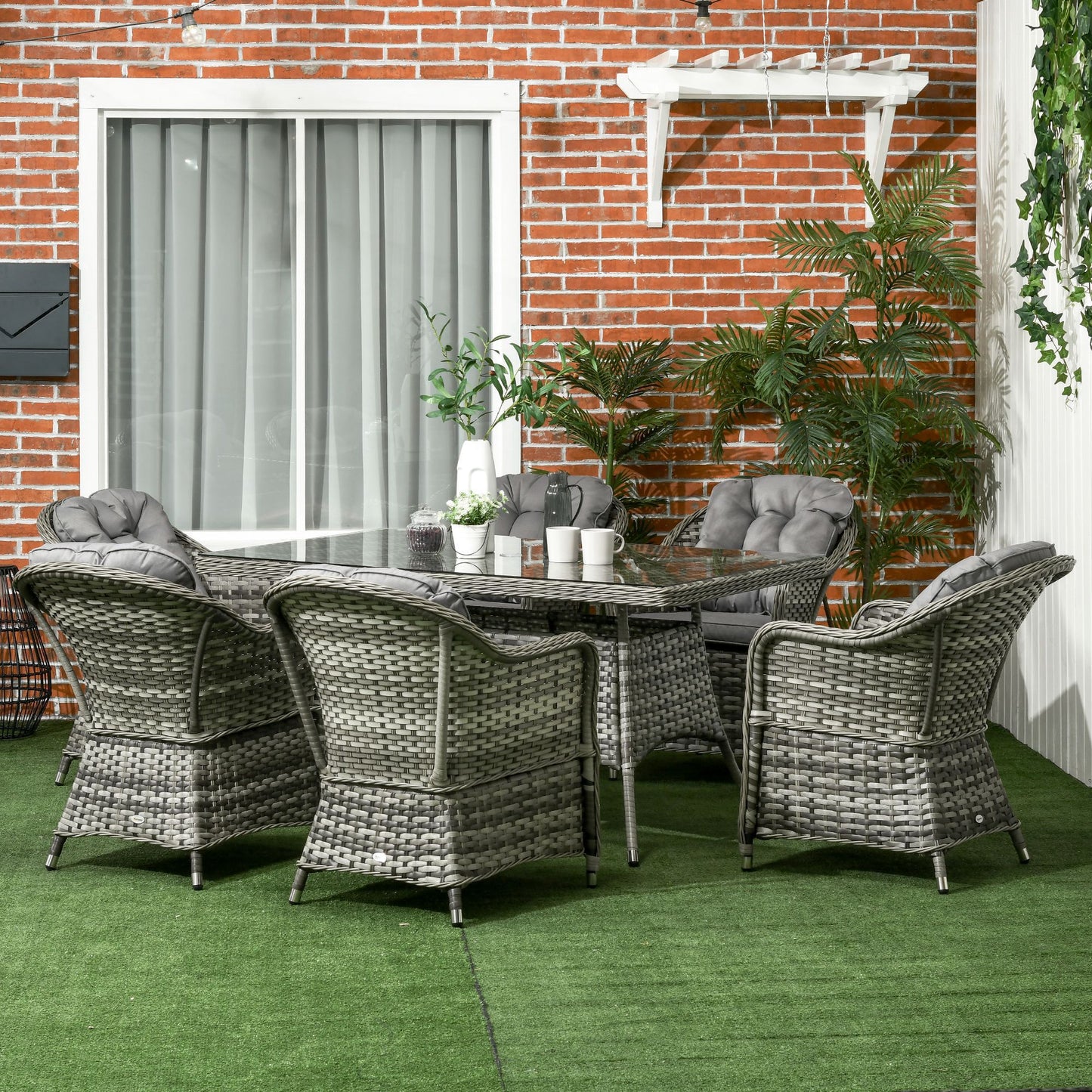 Seven-Piece Rattan Dining Set with Tempered Glass Table Top