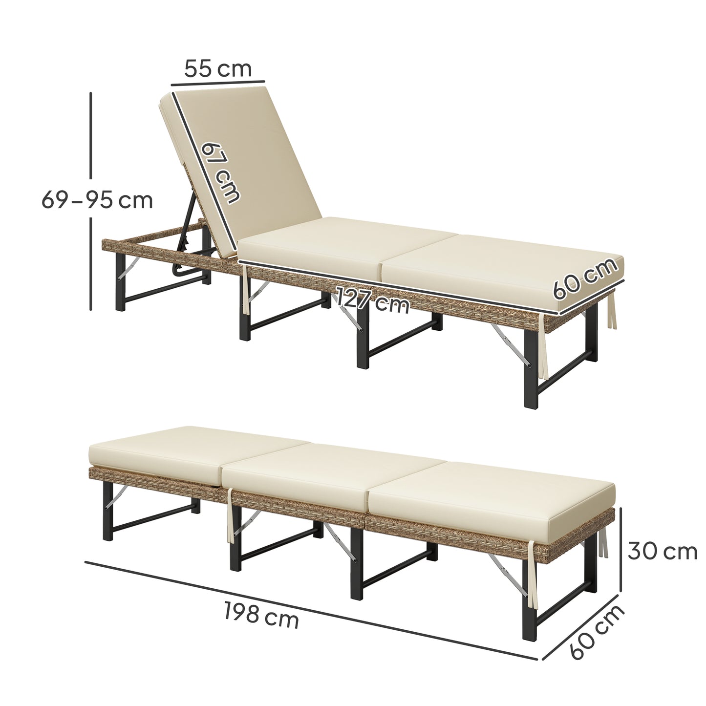 Single Folding Rattan Sun Lounger, with Cushion