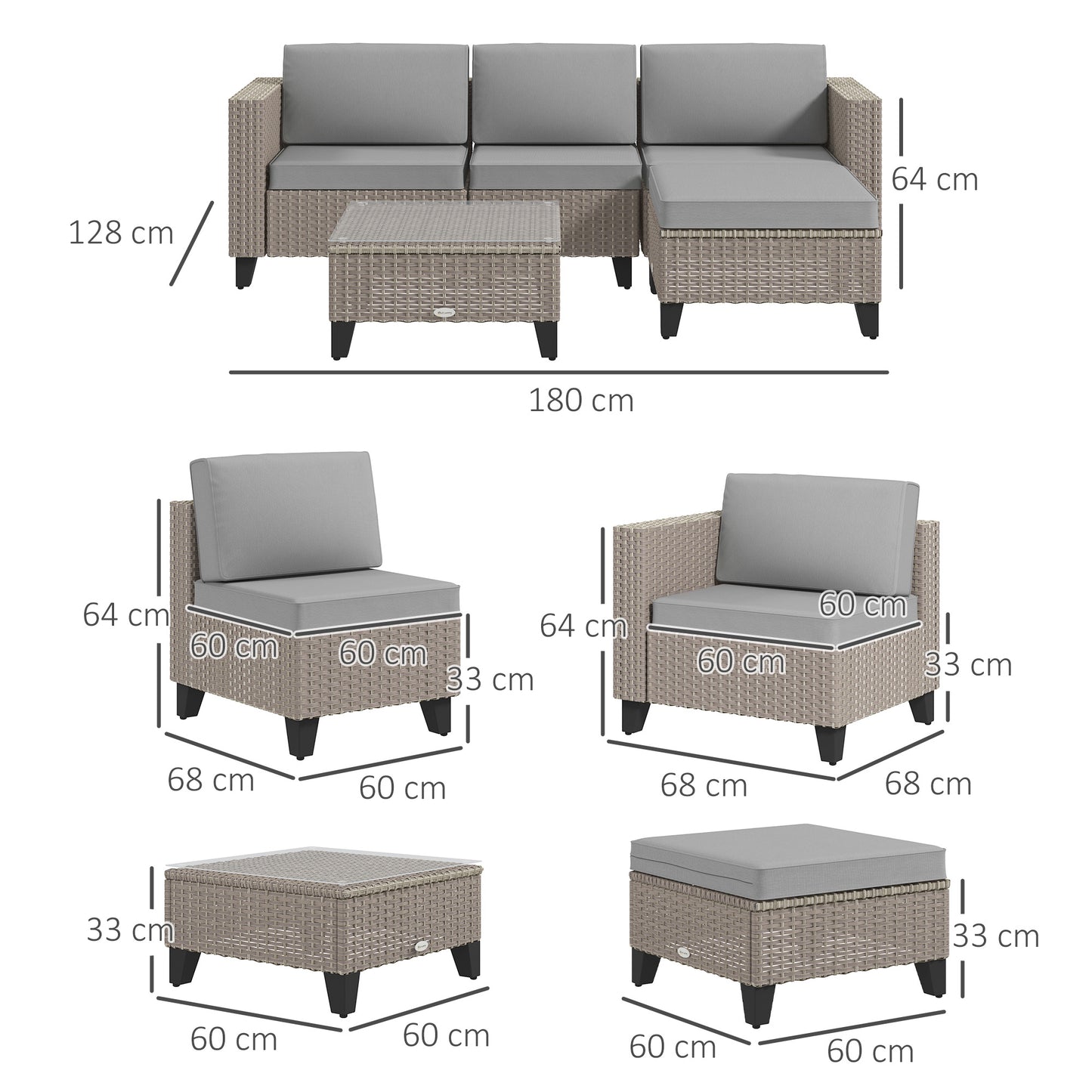 5-Piece Rattan Patio Furniture Set with Corner Sofa, Footstools