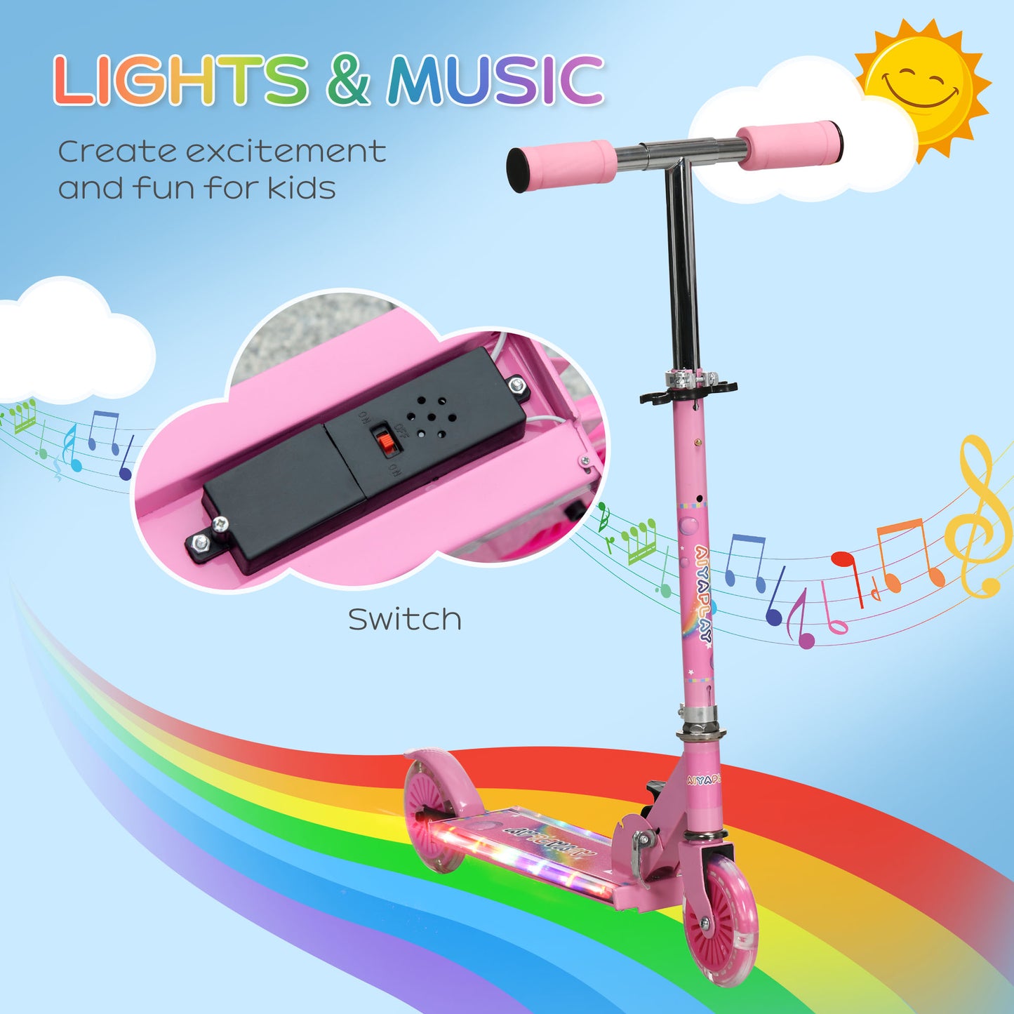 Kids Scooter, with Lights, Music, Adjustable Height, Foldable Frame