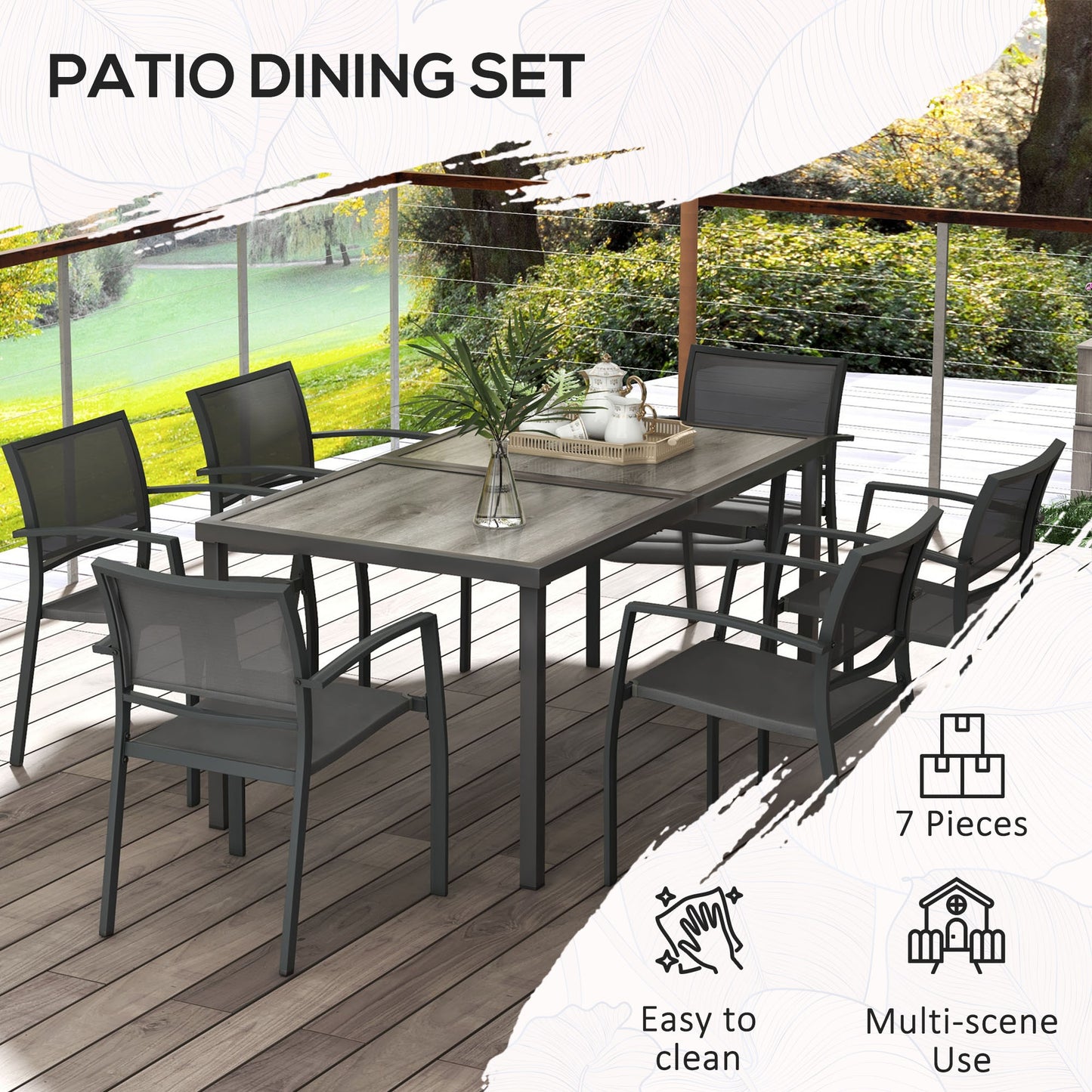 Seven-Piece Casual Outdoor Dining Set, with Wood-Effect Table