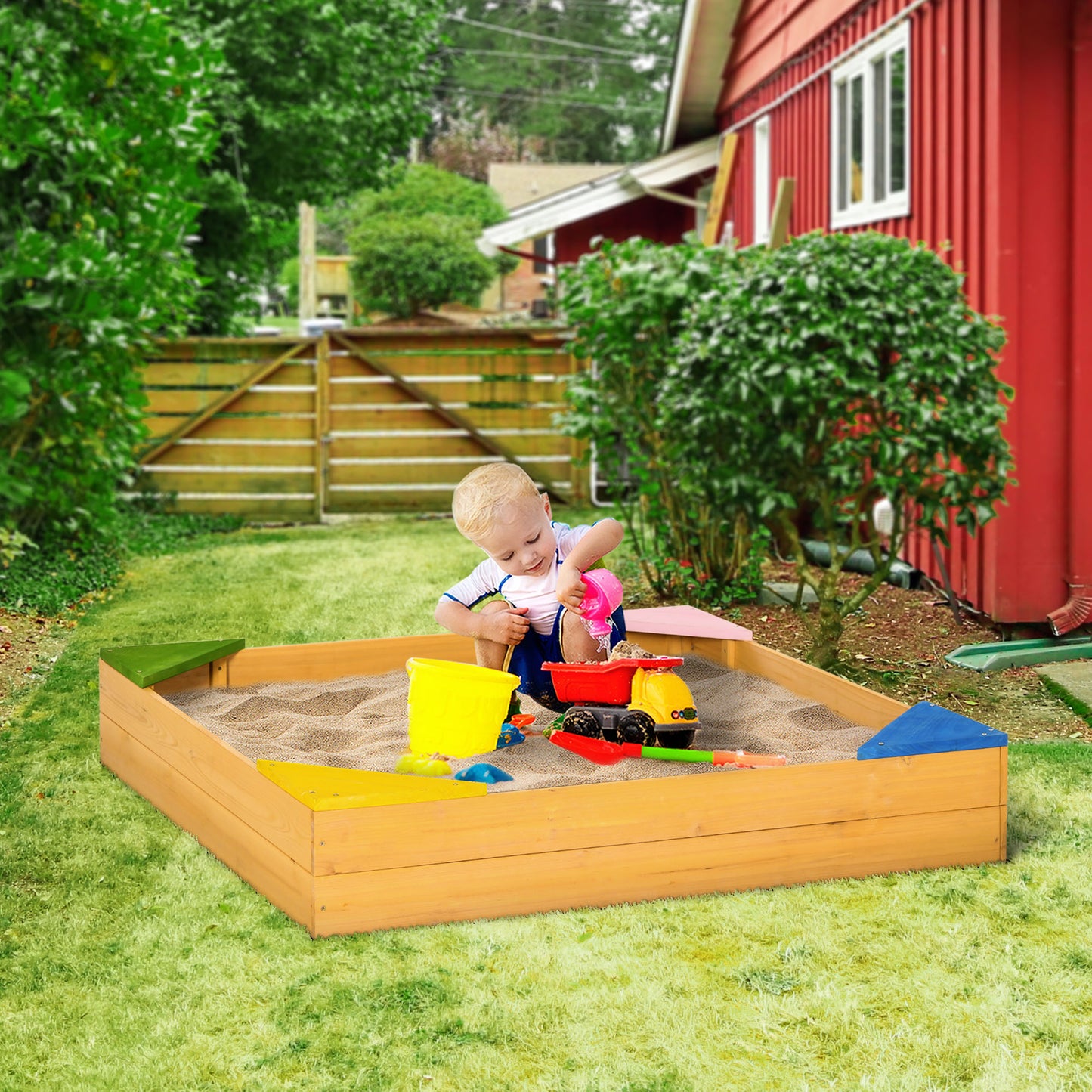 Kids Wooden Sand Pit, Children Sandbox, with Four Seats