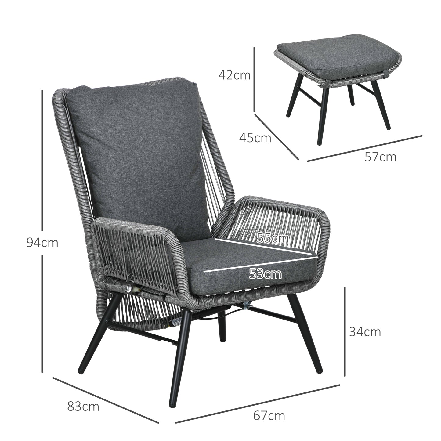 String Rattan Armchair and Footstool Set, with Cushions