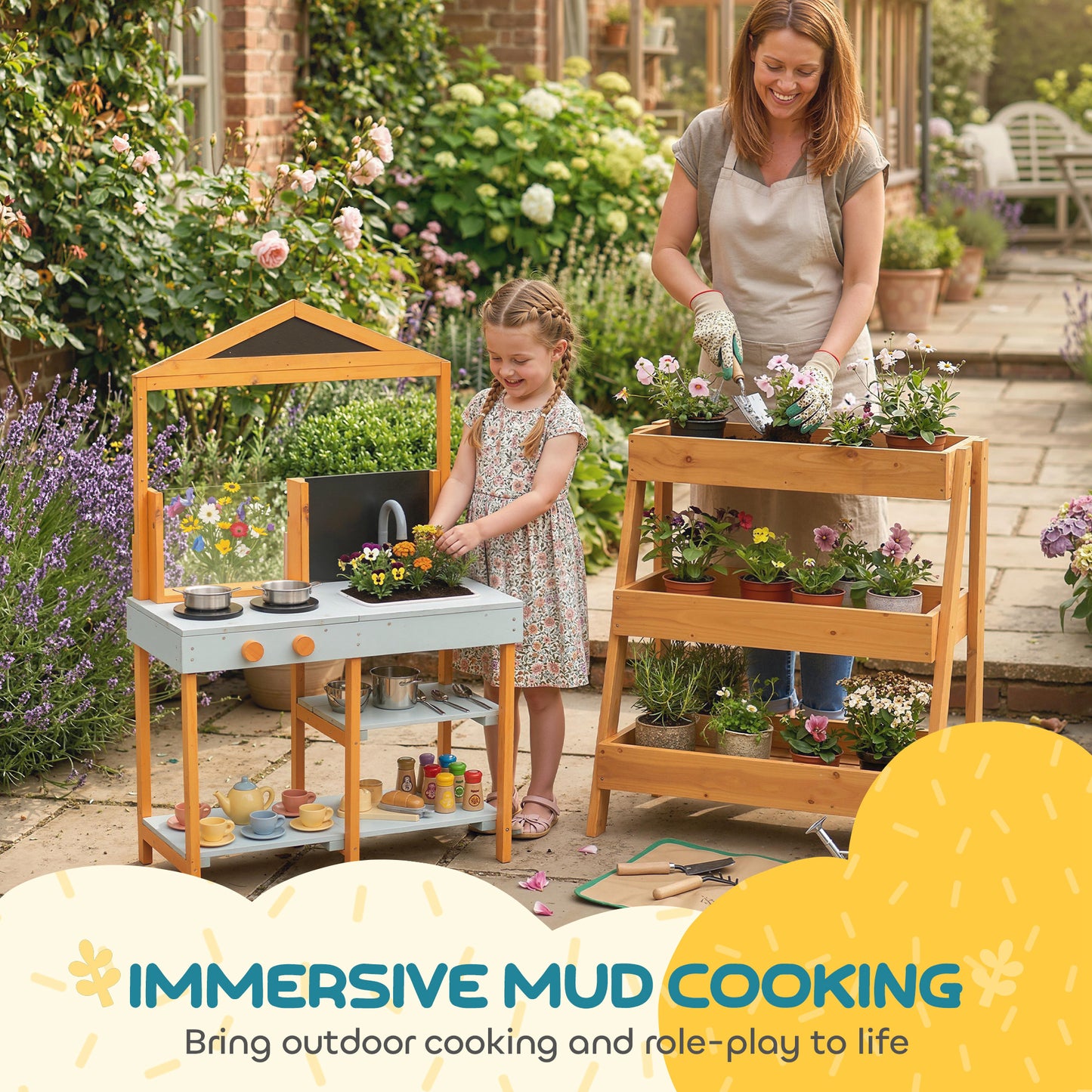 Mud Kitchen for Kids, Outdoor Wooden Play Kitchen with Sink, Stove