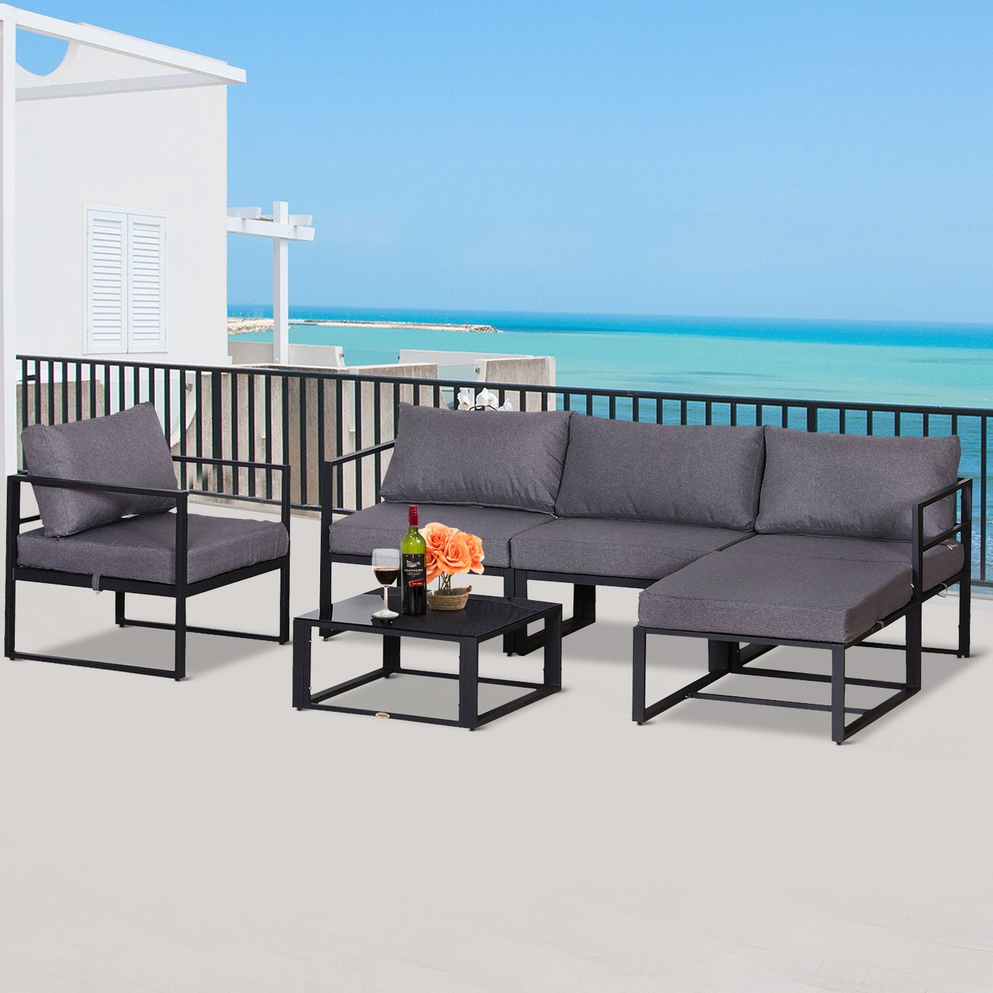6 PCs Outdoor Indoor Sectional Sofa Set Thick Padded Cushions