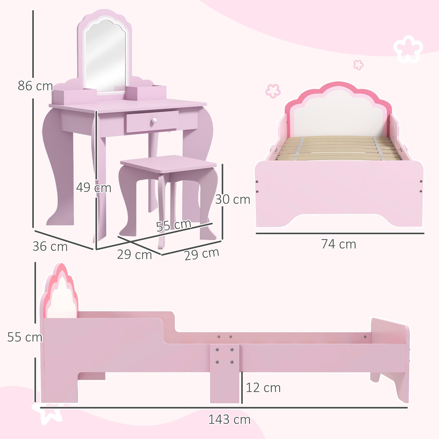 Wooden Kids Bedroom Furniture Set with Kids Dressing Table, Stool (2)