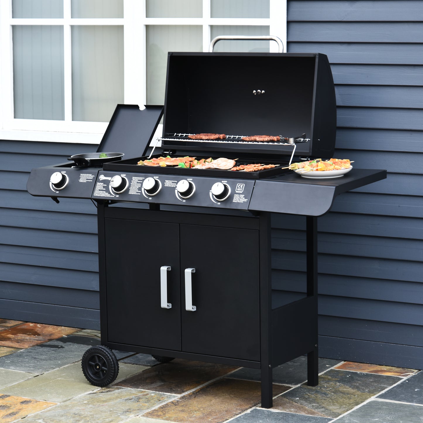 4+1 Burner Gas BBQ Grill, Outdoor Barbecue Trolley with Wheels