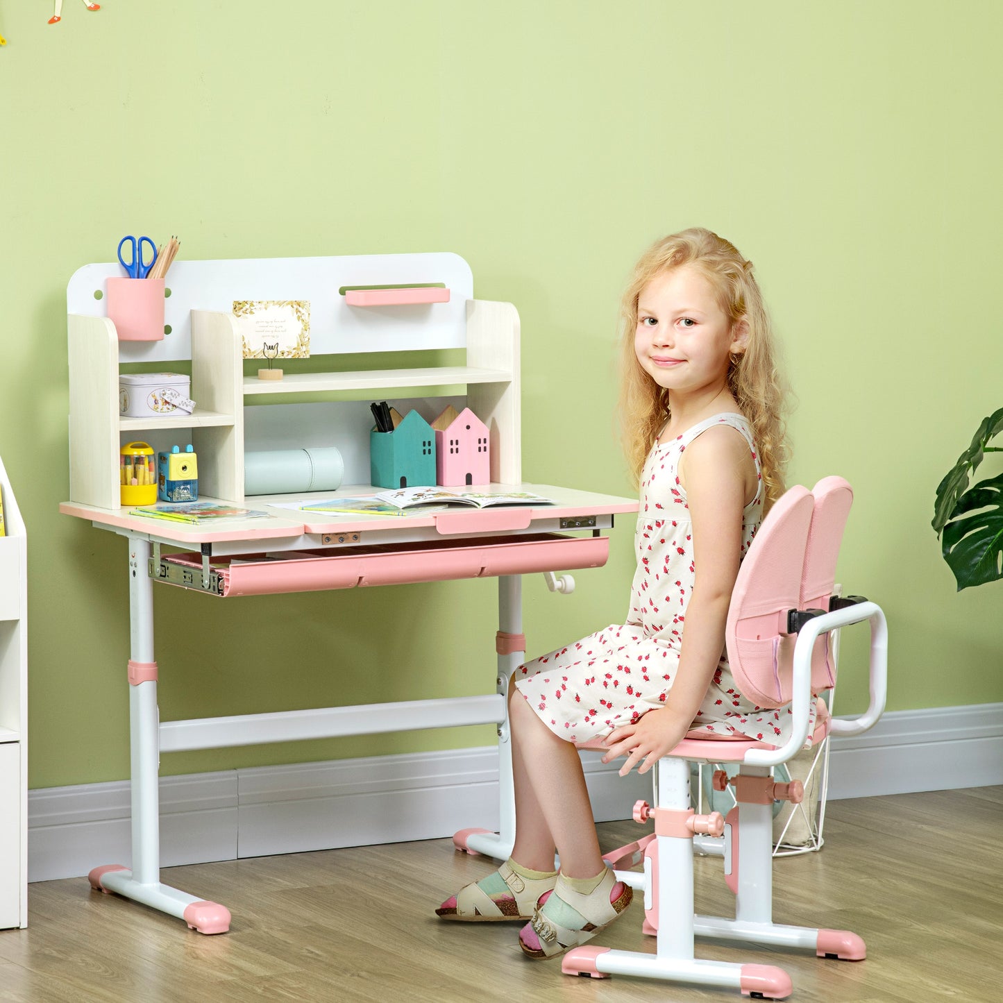 Kids Desk and Chair Set, with Storage Shelves, Washable Cover