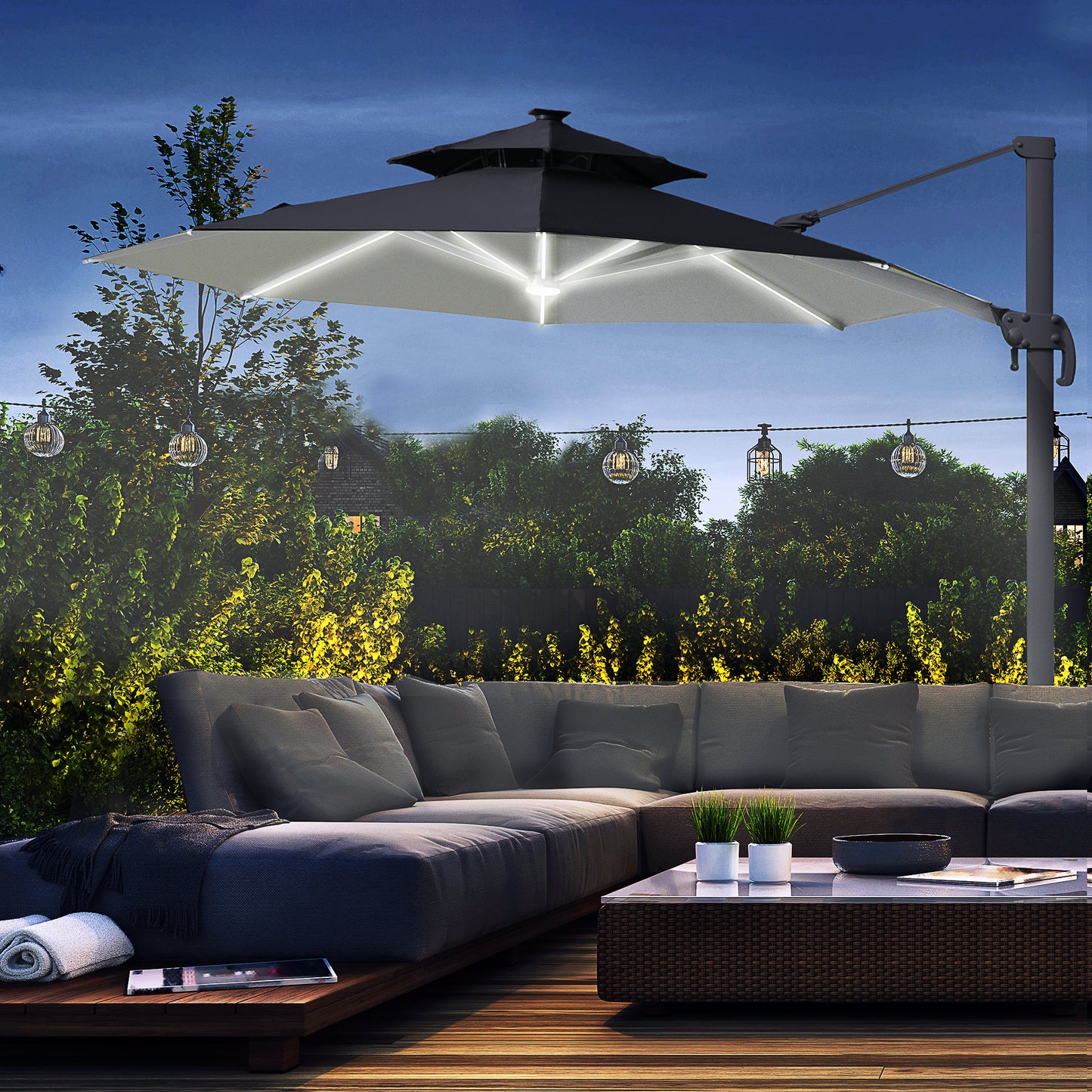 3m Cantilever Parasol w/ Solar Lights Power Bank Base 360° Spin